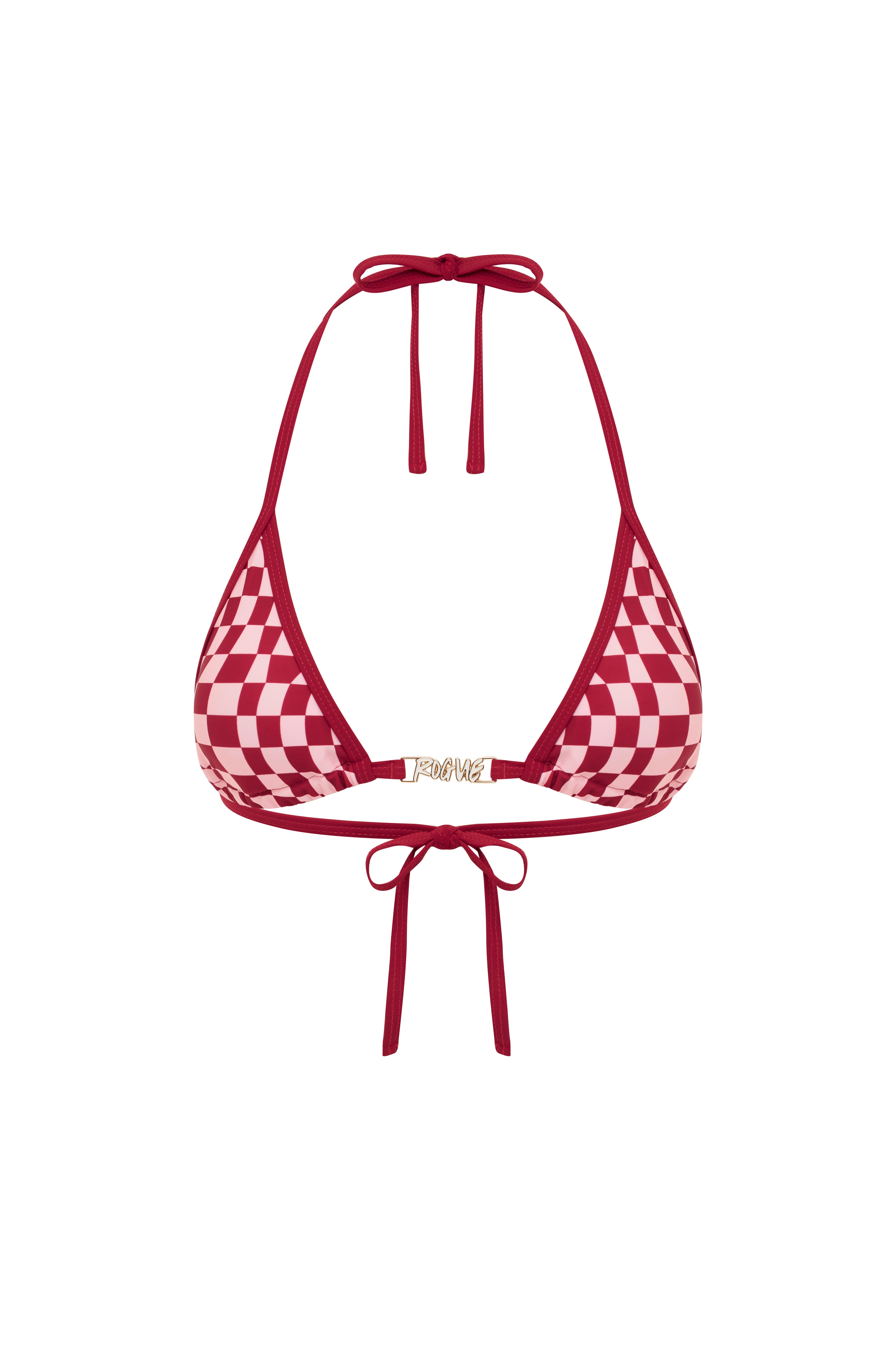 Red checkered bikini top on a white background