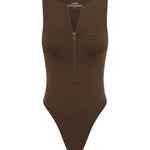 A brown solid color sleeveless bodysuit with a plunging neckline and a front zipper.