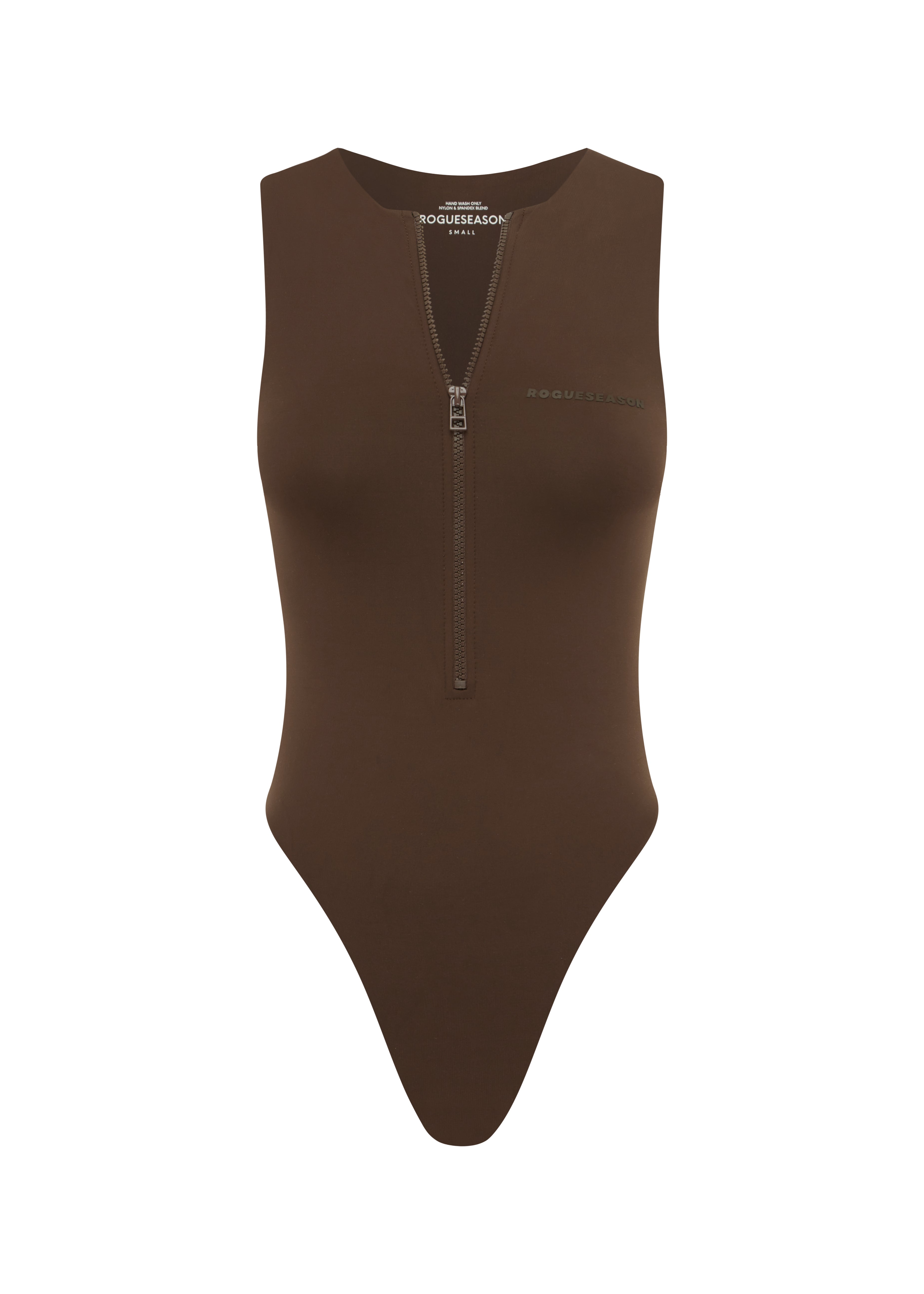 A brown solid color sleeveless bodysuit with a plunging neckline and a front zipper.