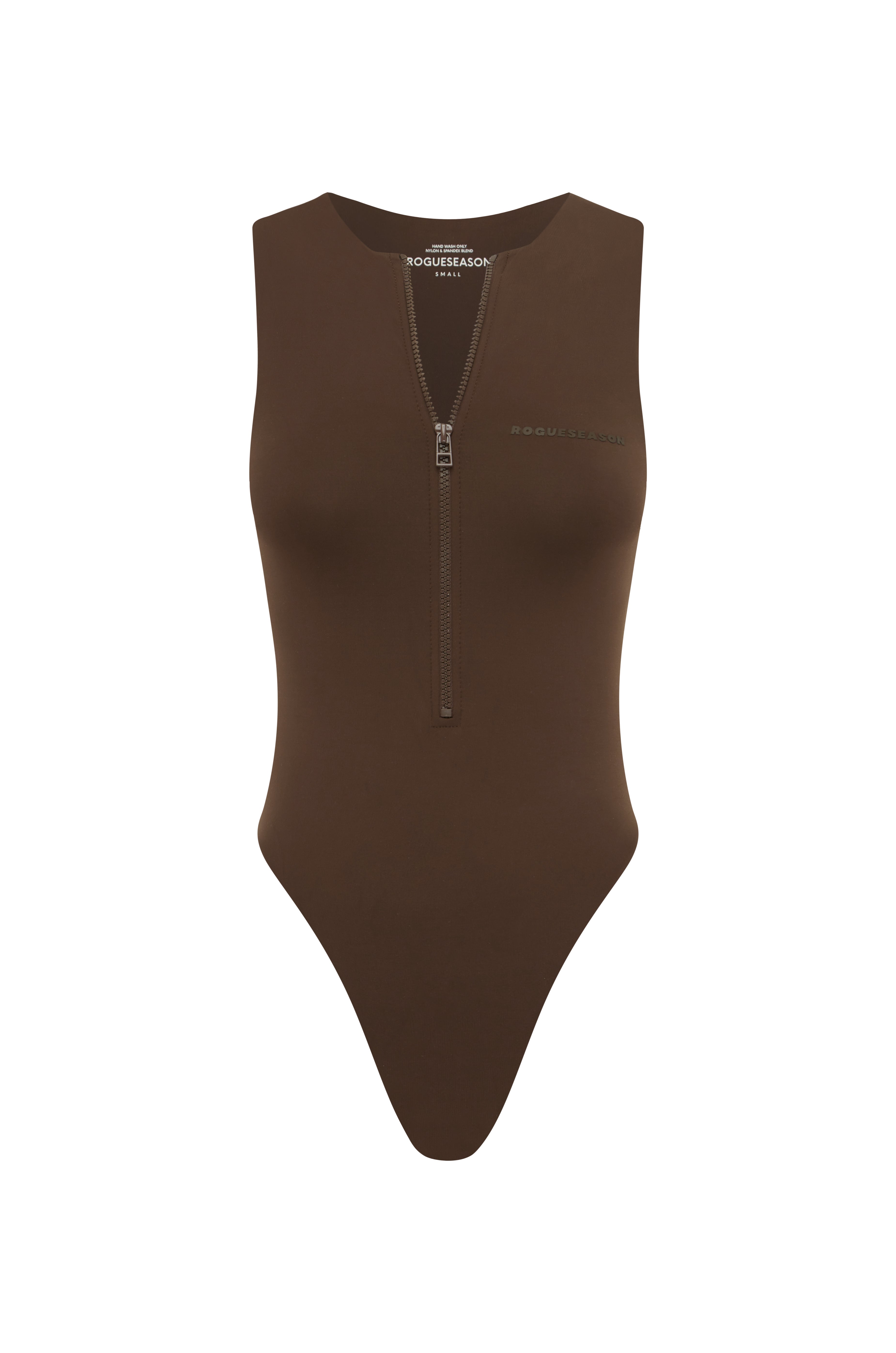 A brown solid color sleeveless bodysuit with a plunging neckline and a front zipper.