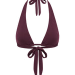 Burgundy halter neck bikini top on a white background