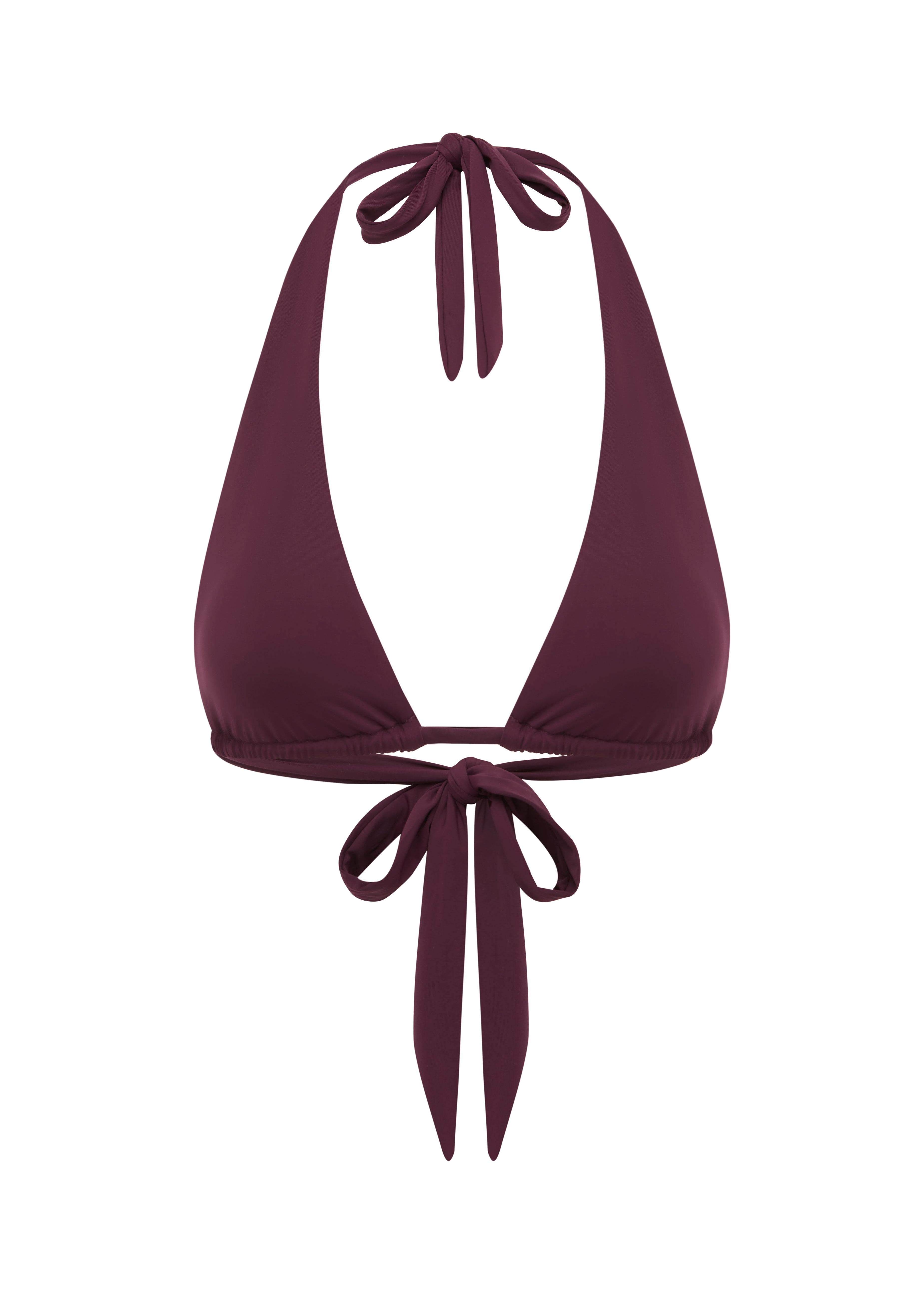 Burgundy halter neck bikini top on a white background