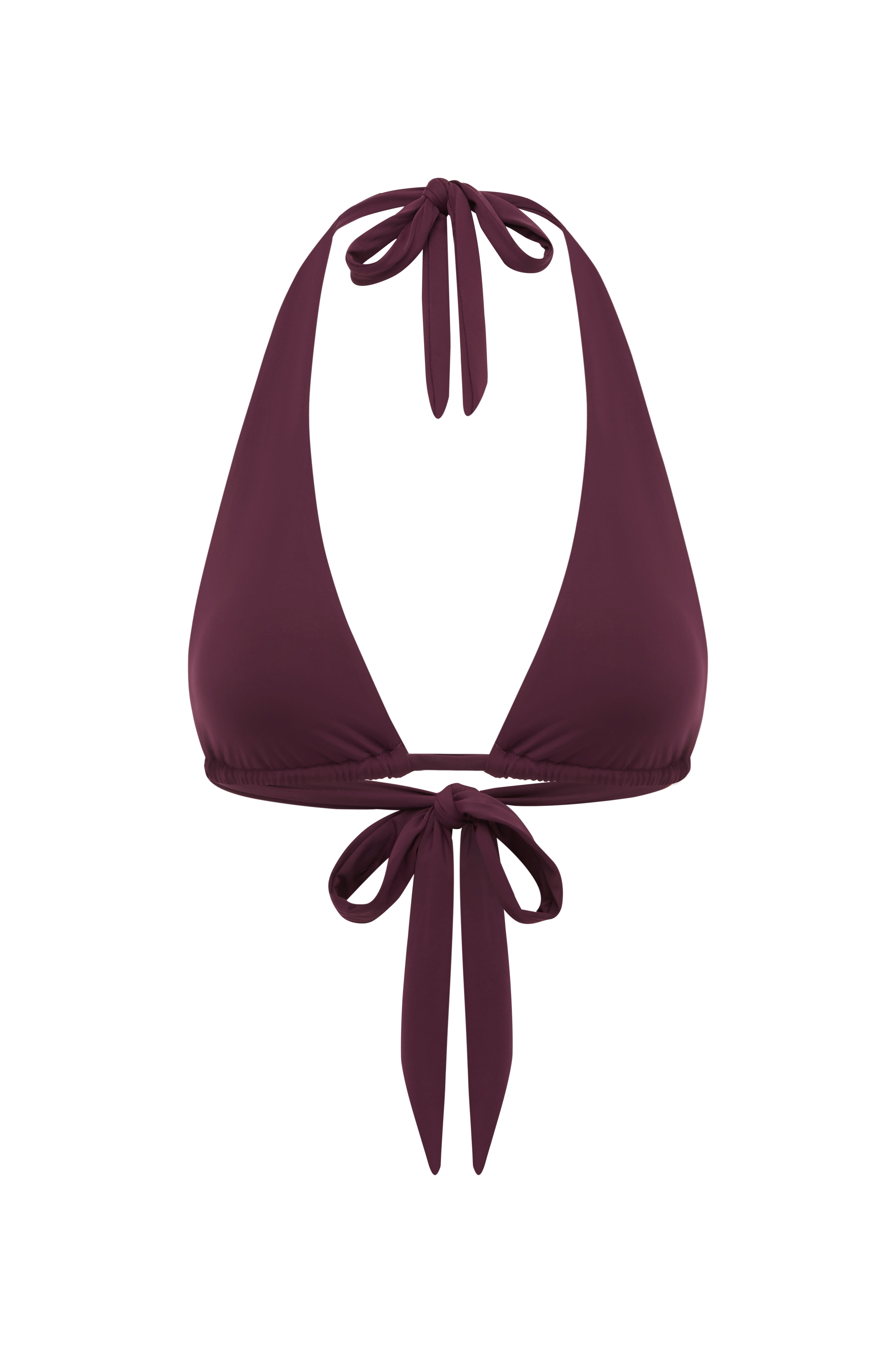 Burgundy halter neck bikini top on a white background