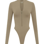 Cut out of cinnamon coloured long sleeve zip up one piece swimsuit on a white background