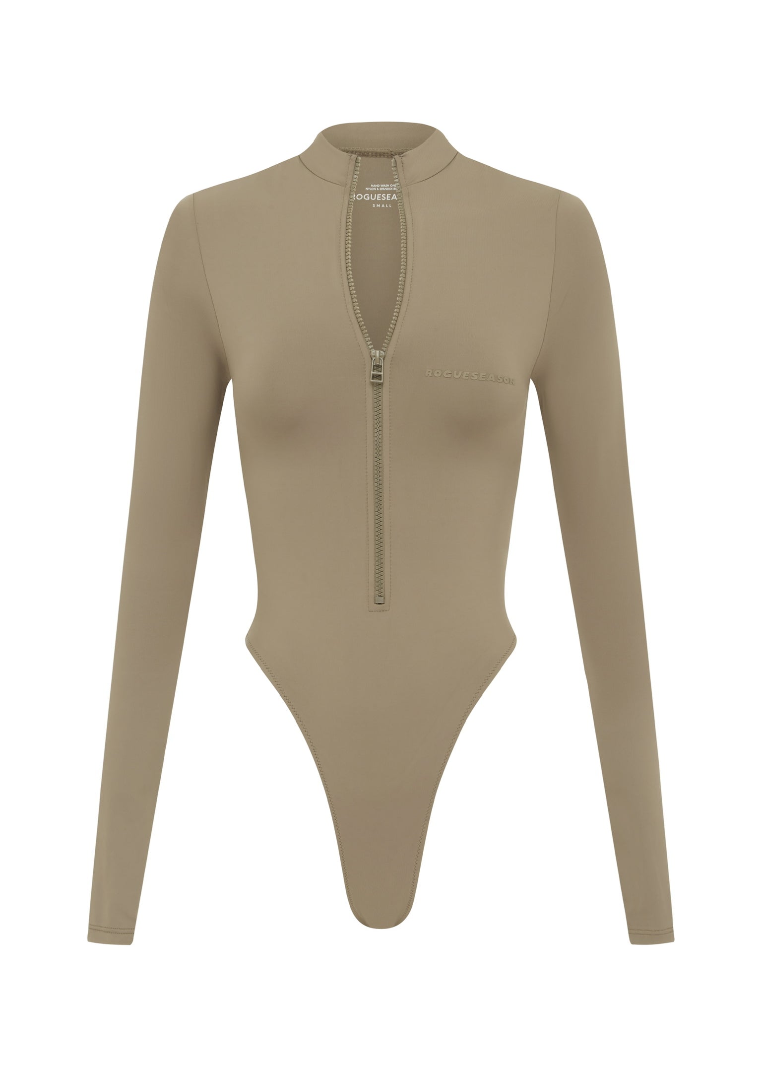 Cut out of cinnamon coloured long sleeve zip up one piece swimsuit on a white background