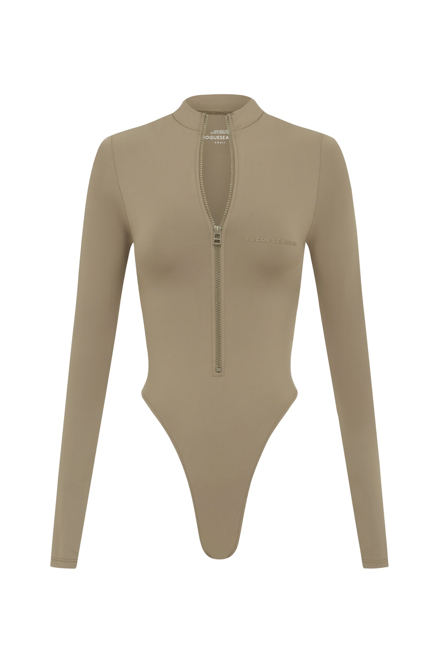 Cut out of cinnamon coloured long sleeve zip up one piece swimsuit on a white background