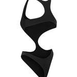 Cut out design on black swimsuit on a white background.