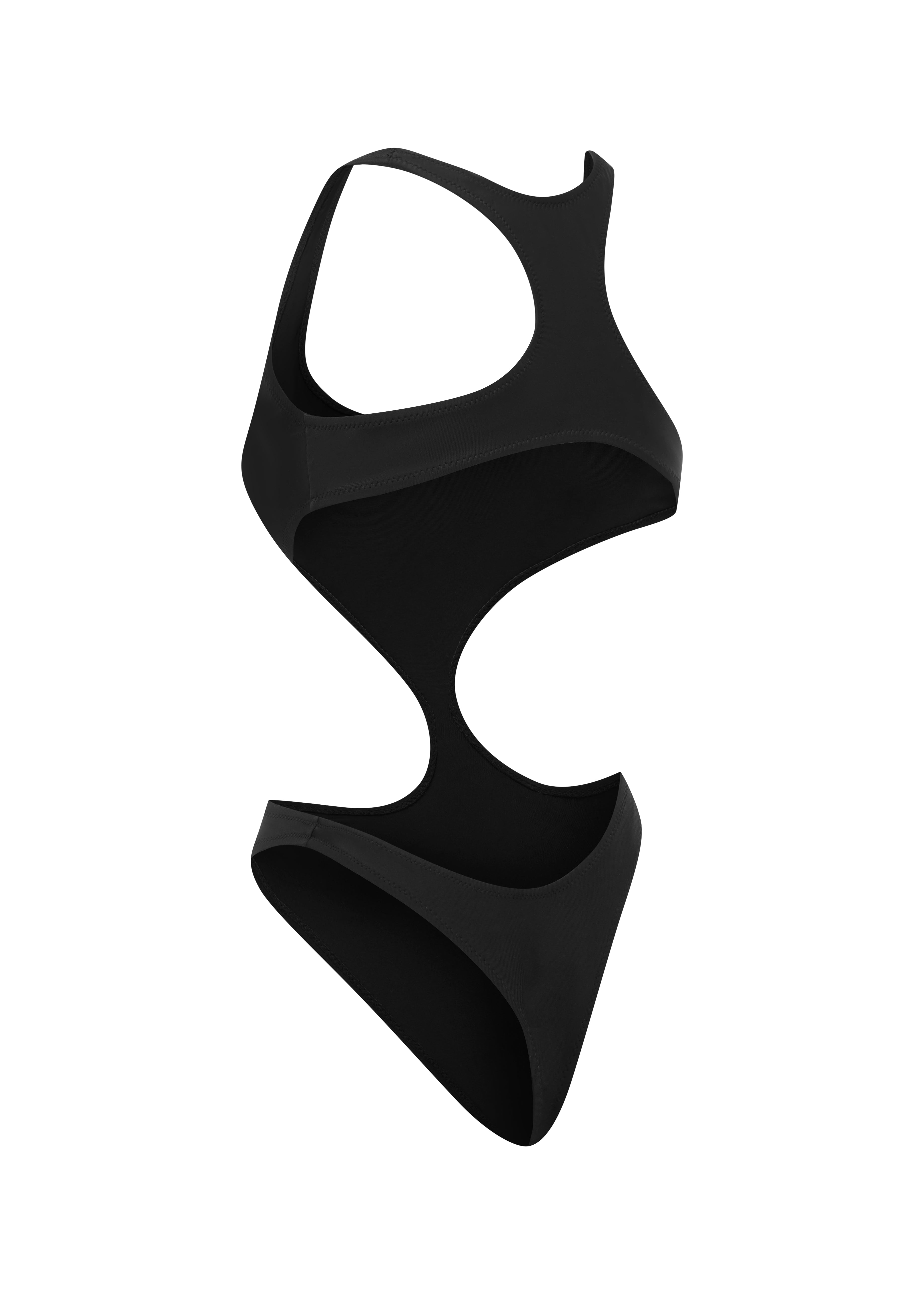 Cut out design on black swimsuit on a white background.