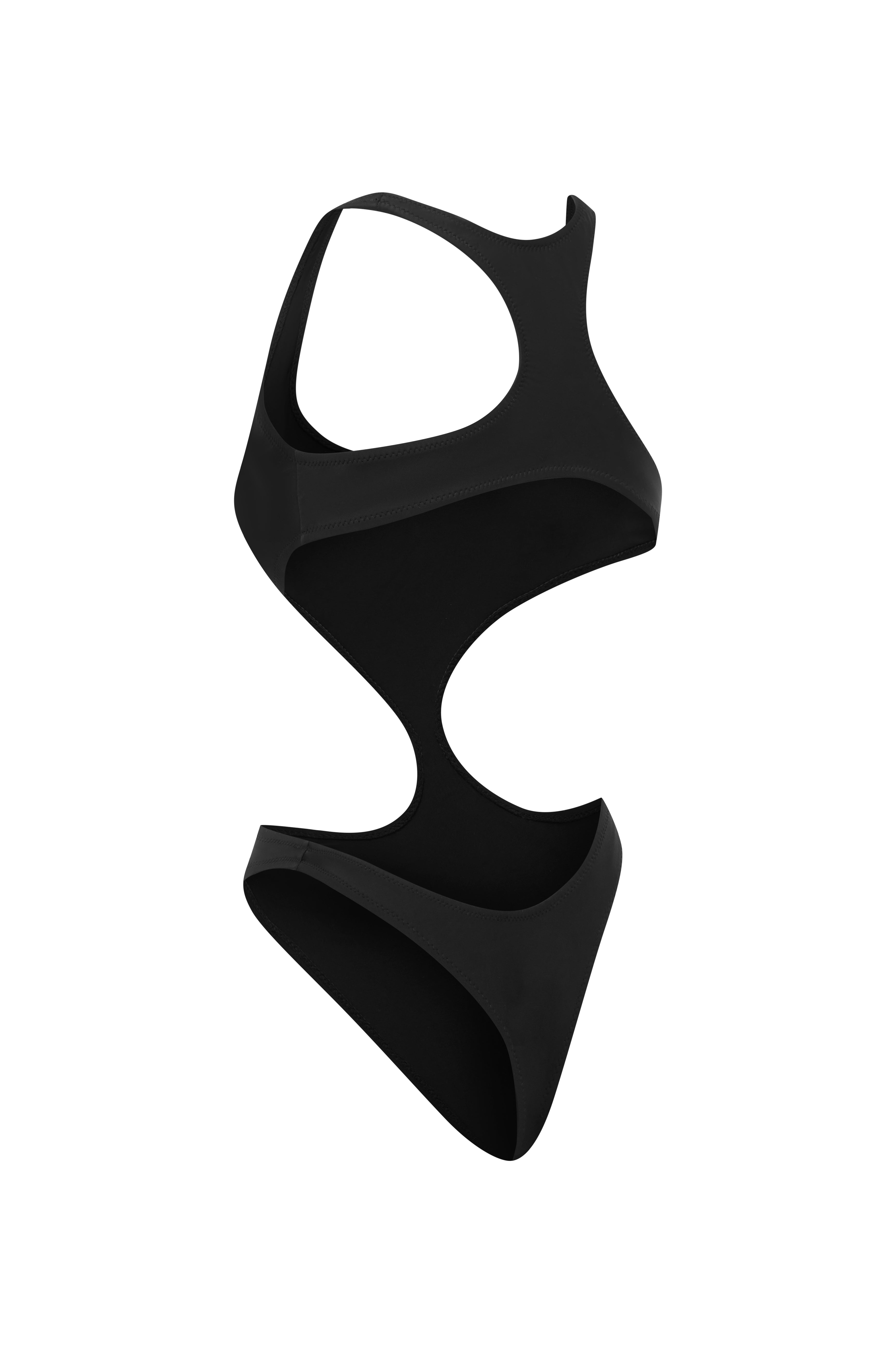 Cut out design on black swimsuit on a white background.