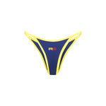 Close-up of blue bikini bottom with yellow trim and Rogue Season logo, on a white background.