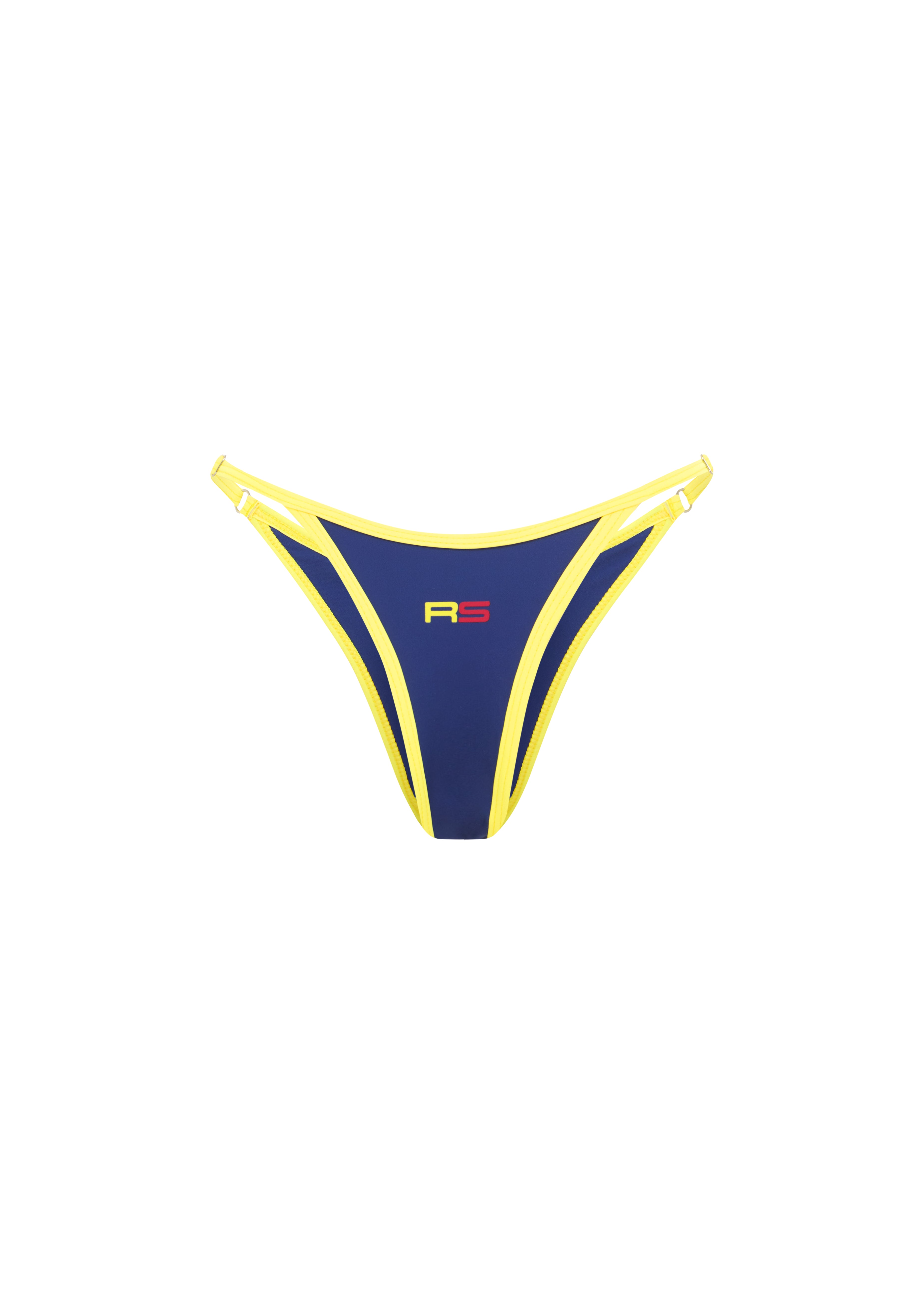 Close-up of blue bikini bottom with yellow trim and Rogue Season logo, on a white background.