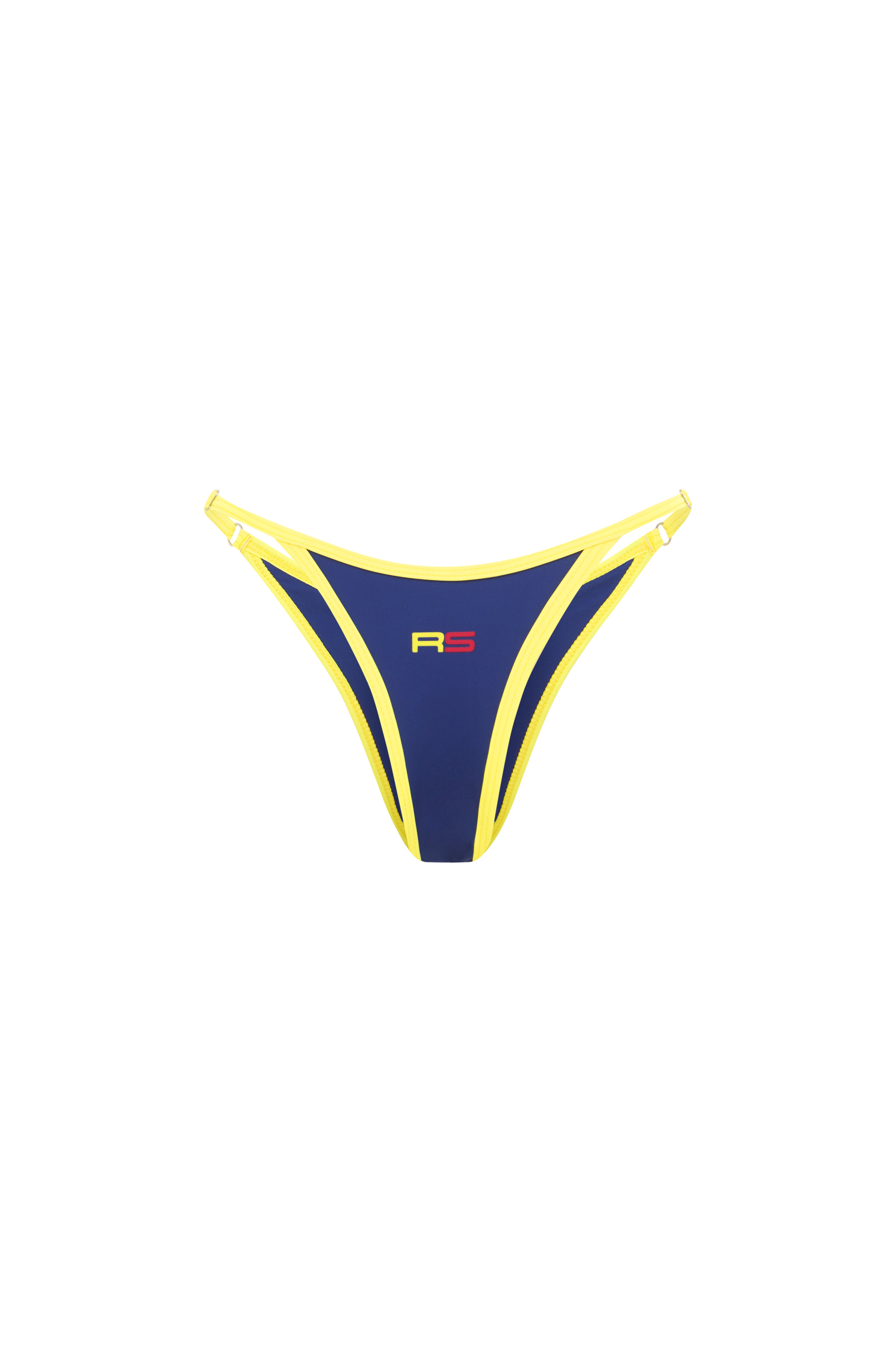 Close-up of blue bikini bottom with yellow trim and Rogue Season logo, on a white background.