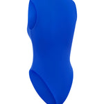Blue one piece swimsuit on a white background.