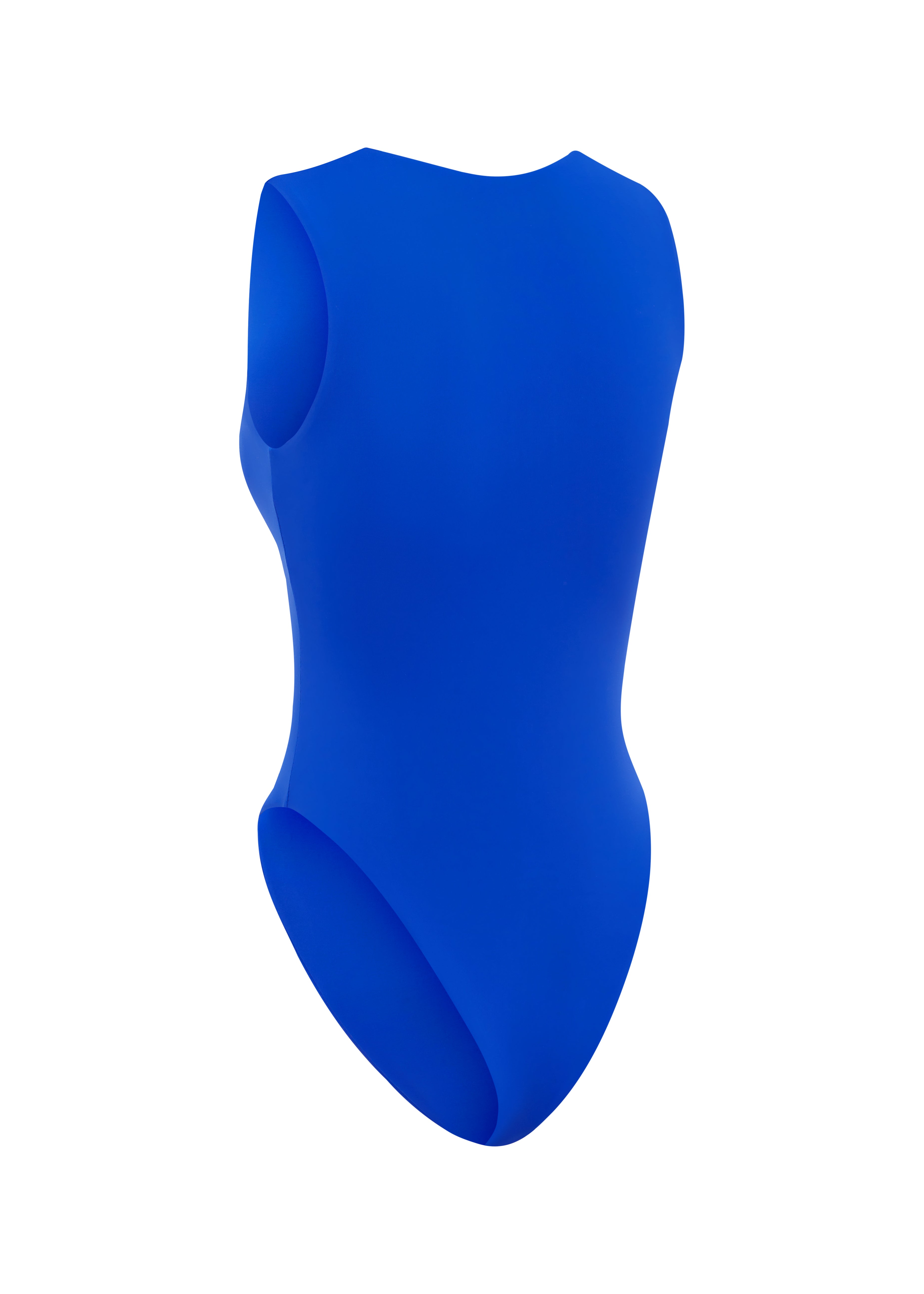 Blue one piece swimsuit on a white background.
