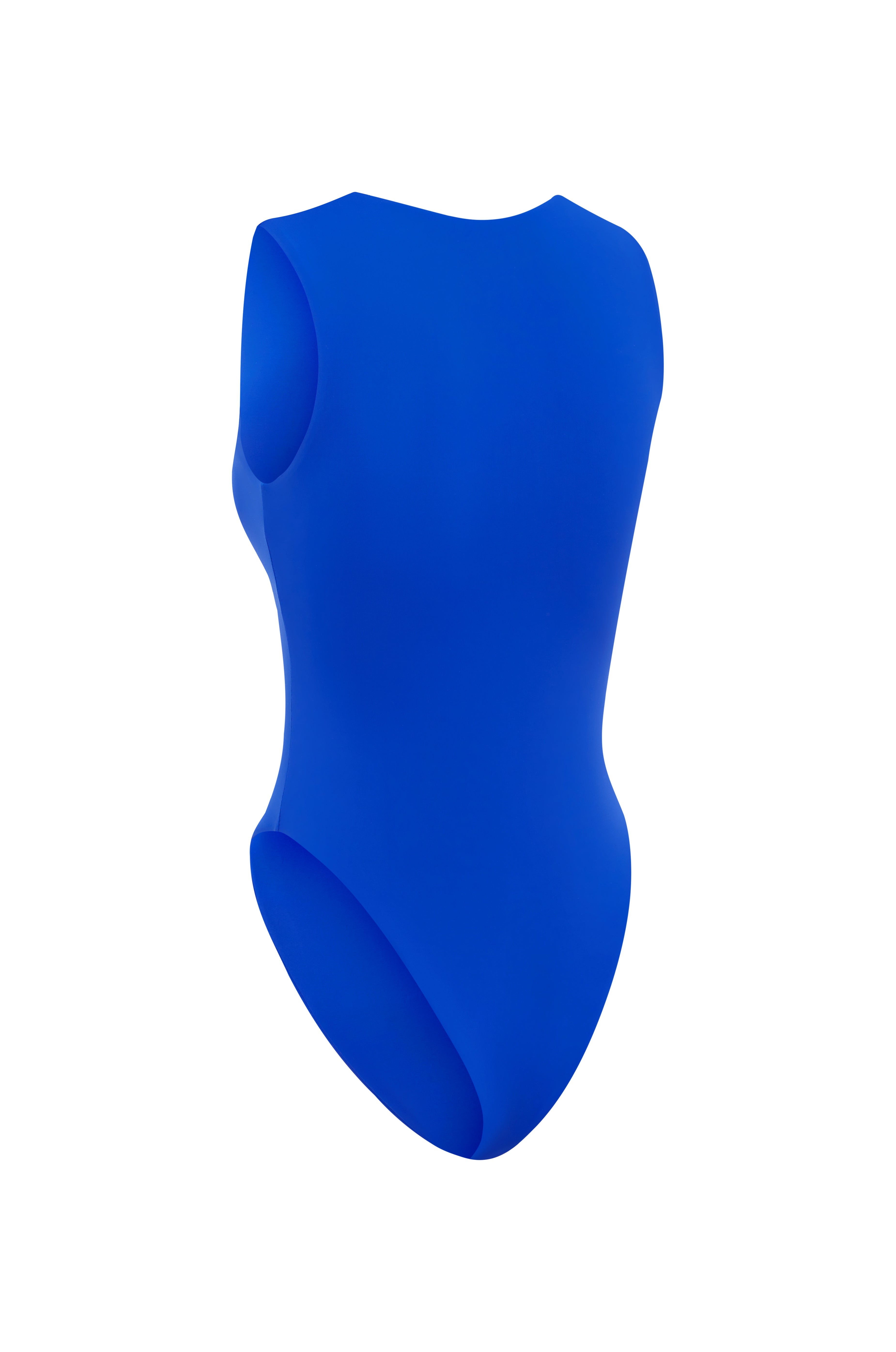 Blue one piece swimsuit on a white background.