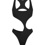 Black swimsuit with a cut out design on a white background