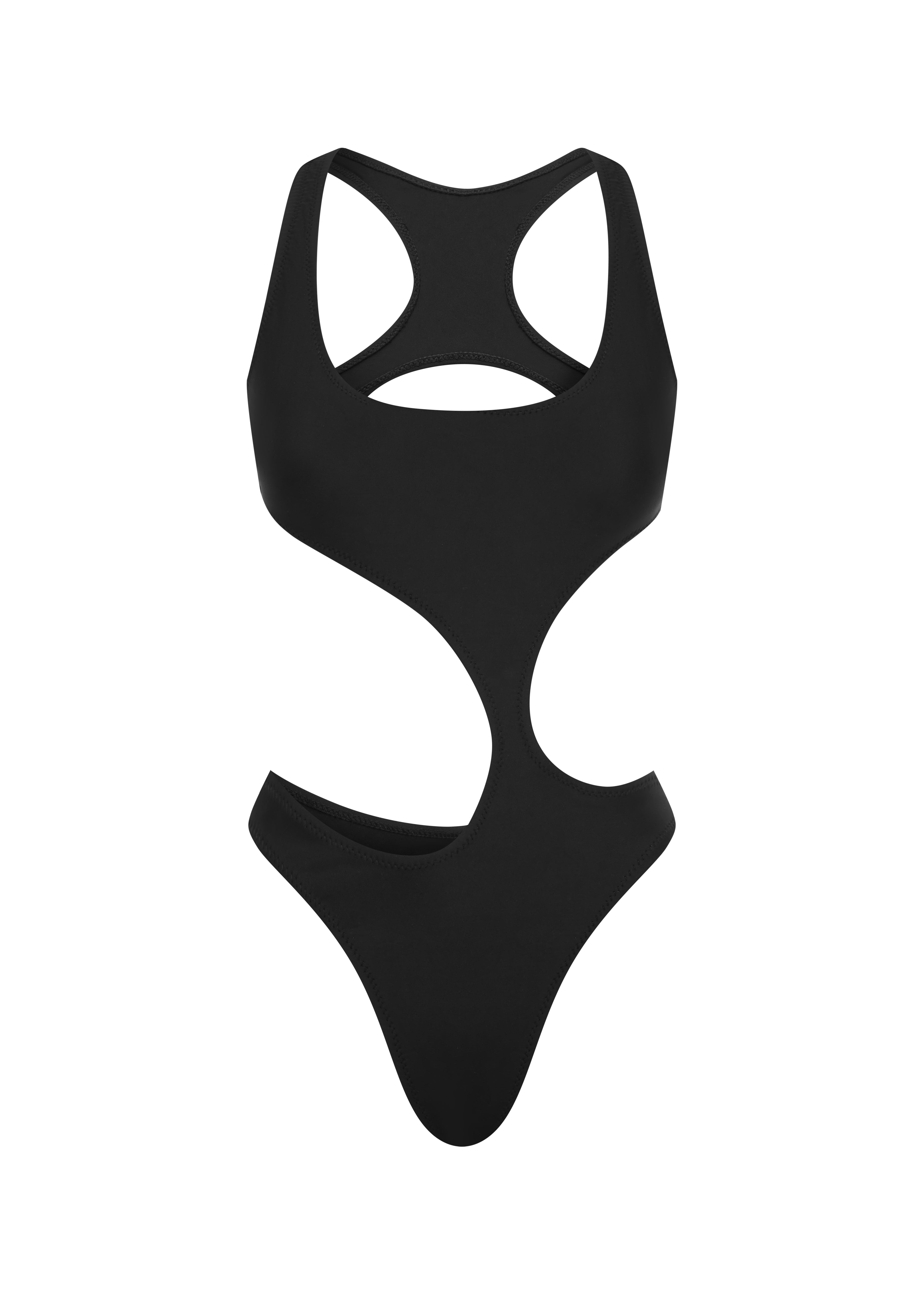 Black swimsuit with a cut out design on a white background