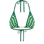 A green checkered bikini top with tie straps on a white background.