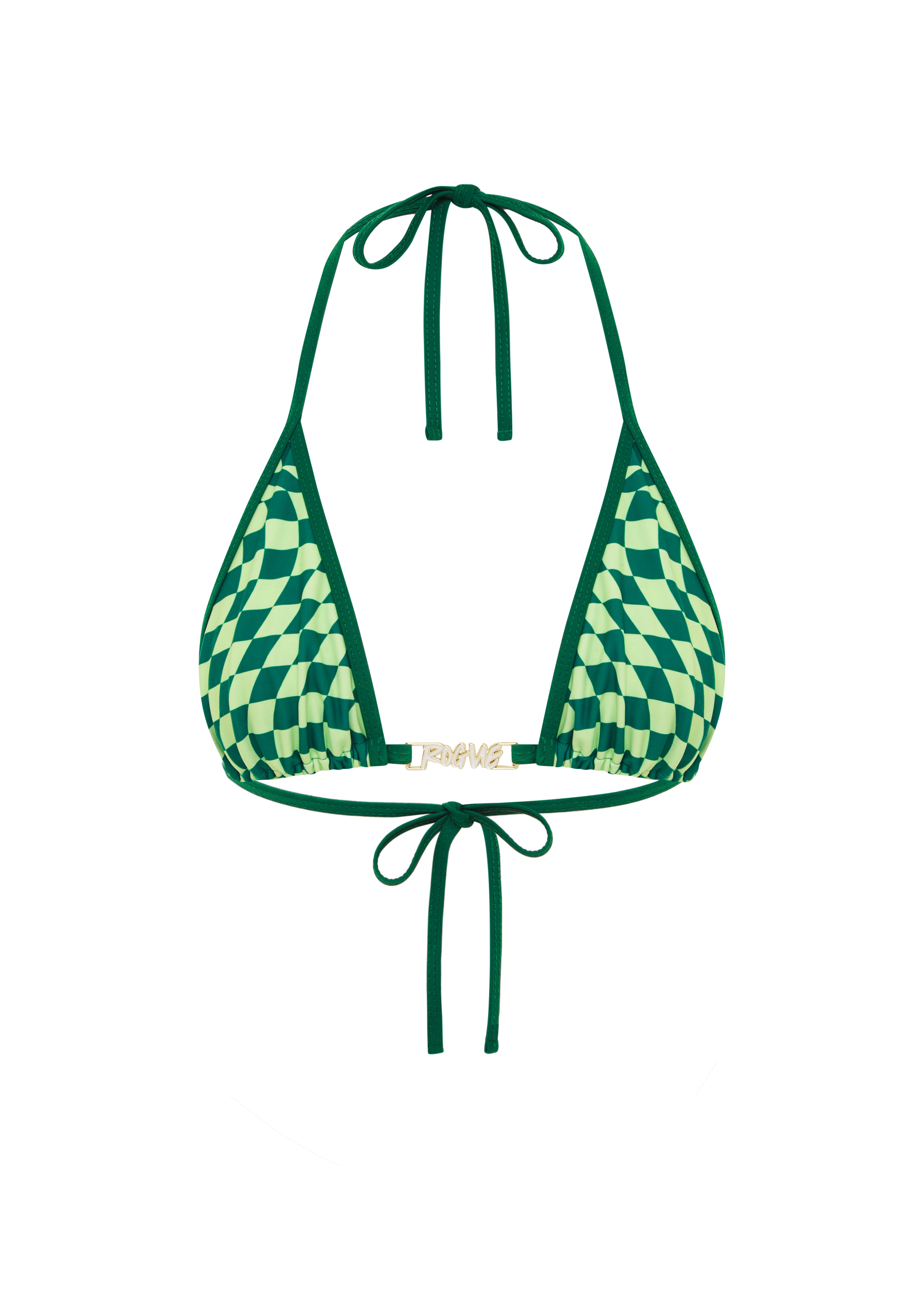 A green checkered bikini top with tie straps on a white background.