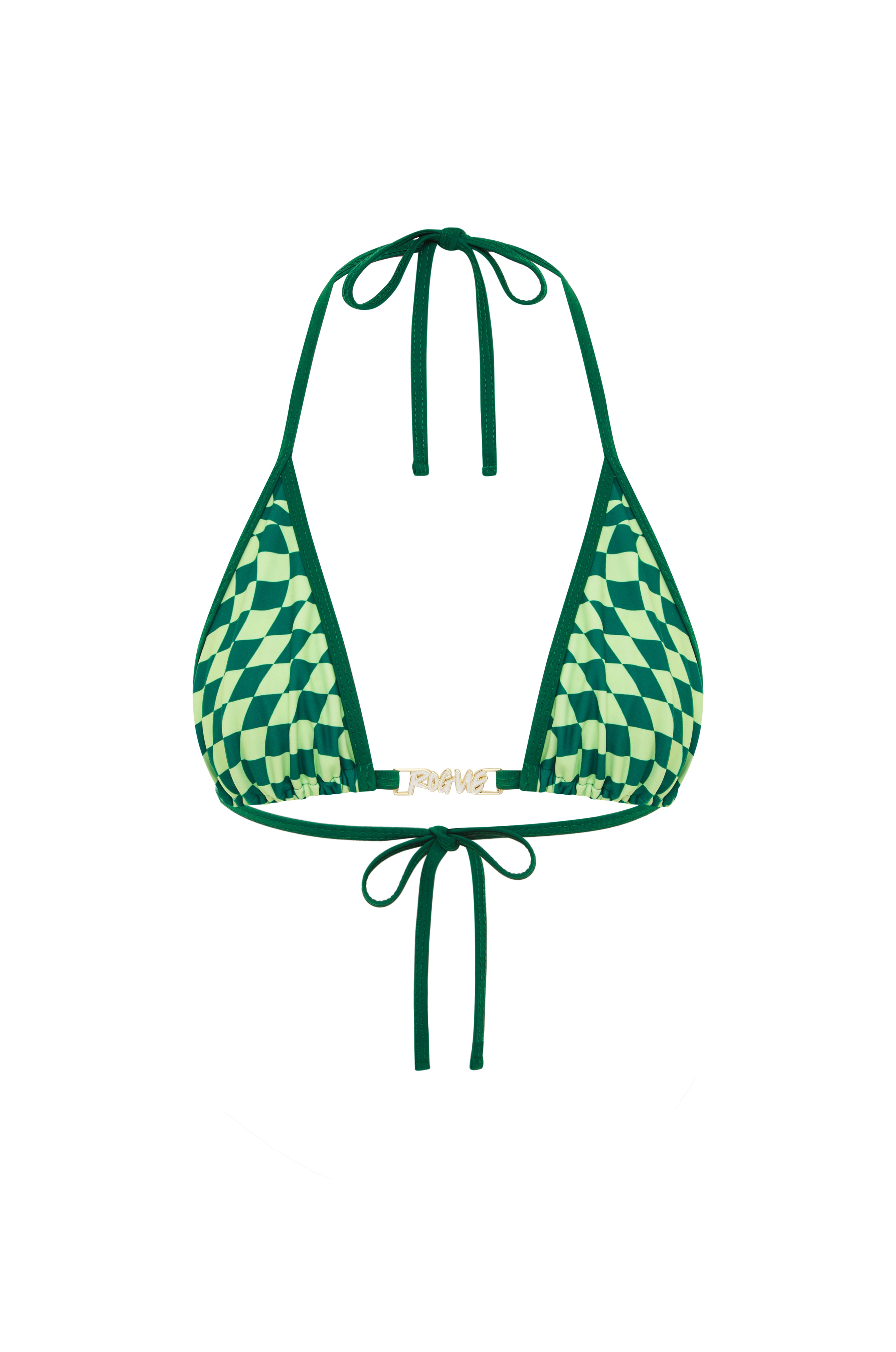 A green checkered bikini top with tie straps on a white background.