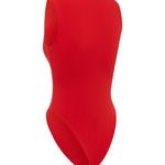 Close up back shot of red one piece swimsuit on a white background.