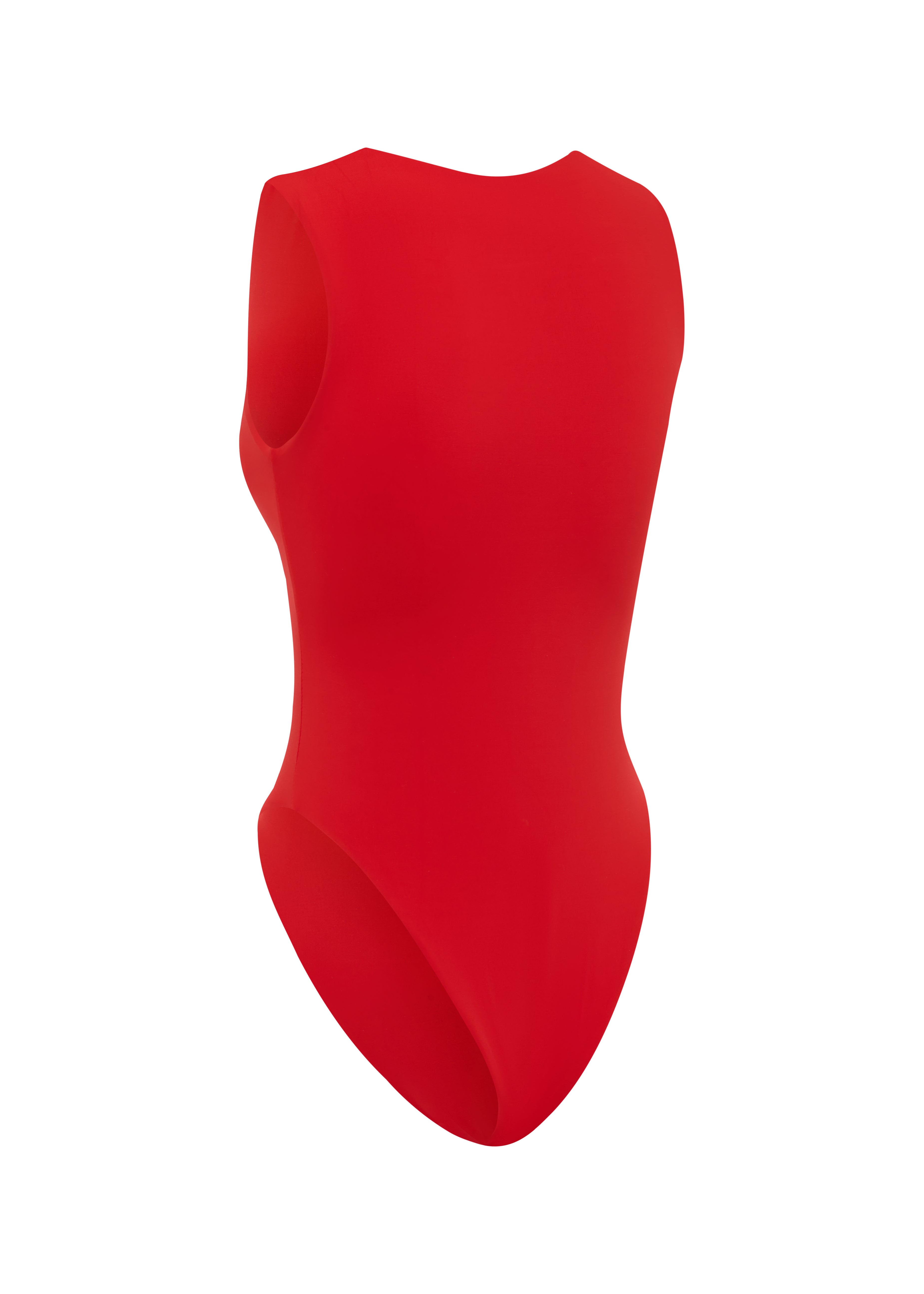 Close up back shot of red one piece swimsuit on a white background.
