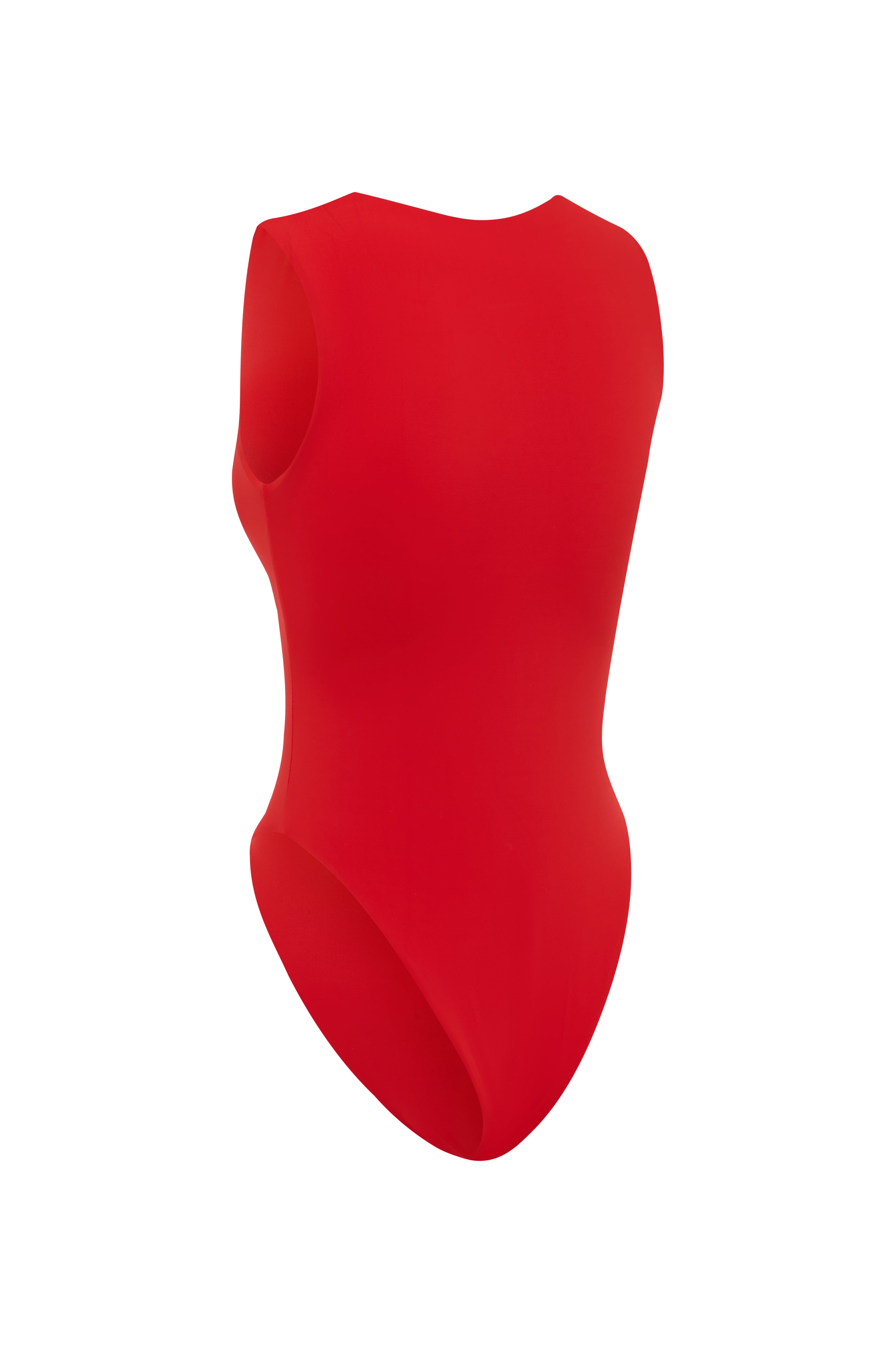 Close up back shot of red one piece swimsuit on a white background.