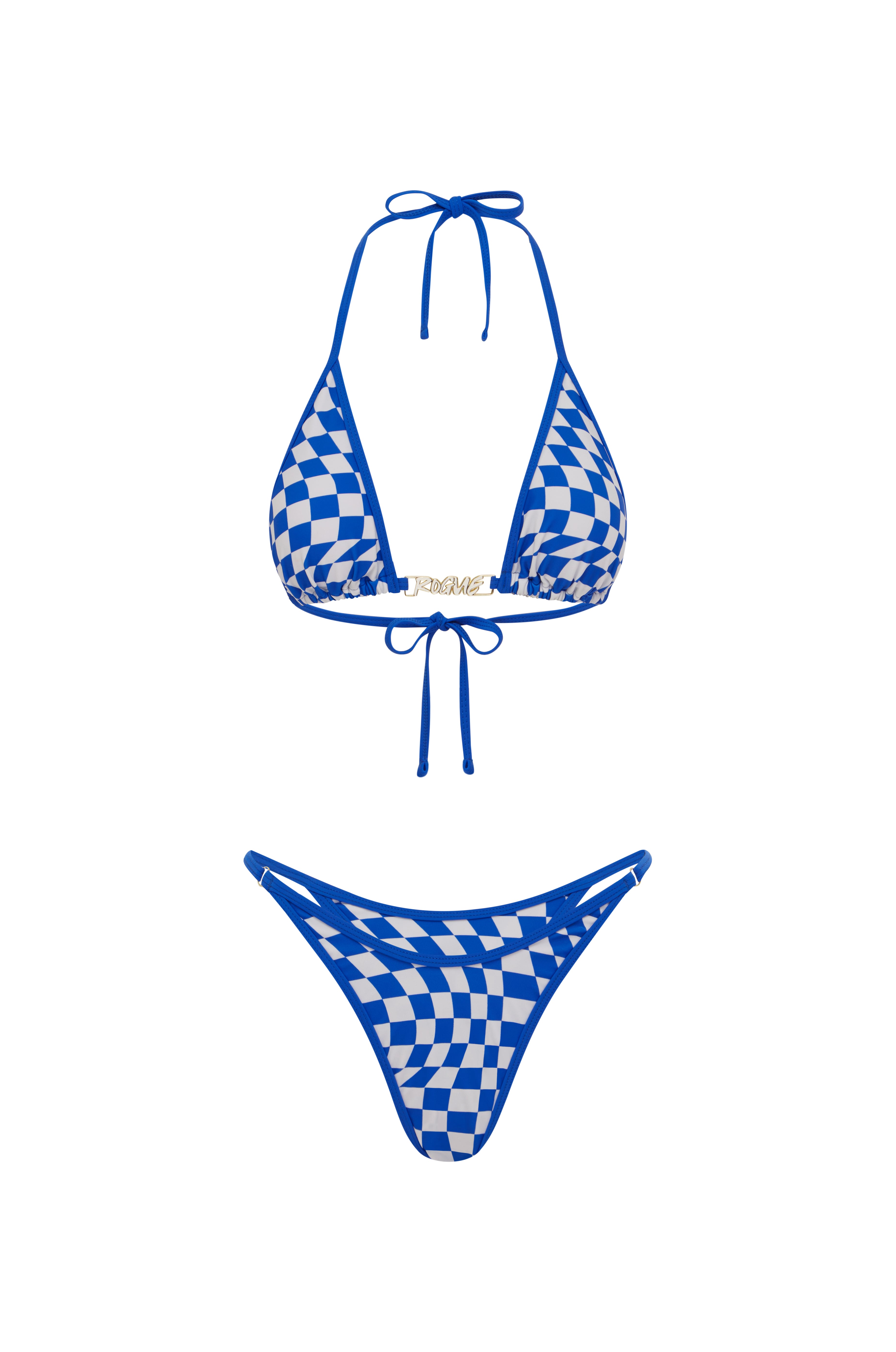 Blue checkered bikini set on a white background