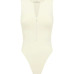 A white sleeveless one-piece swimsuit with a deep V-neckline zipper  and a mid to high waist band on a white background.