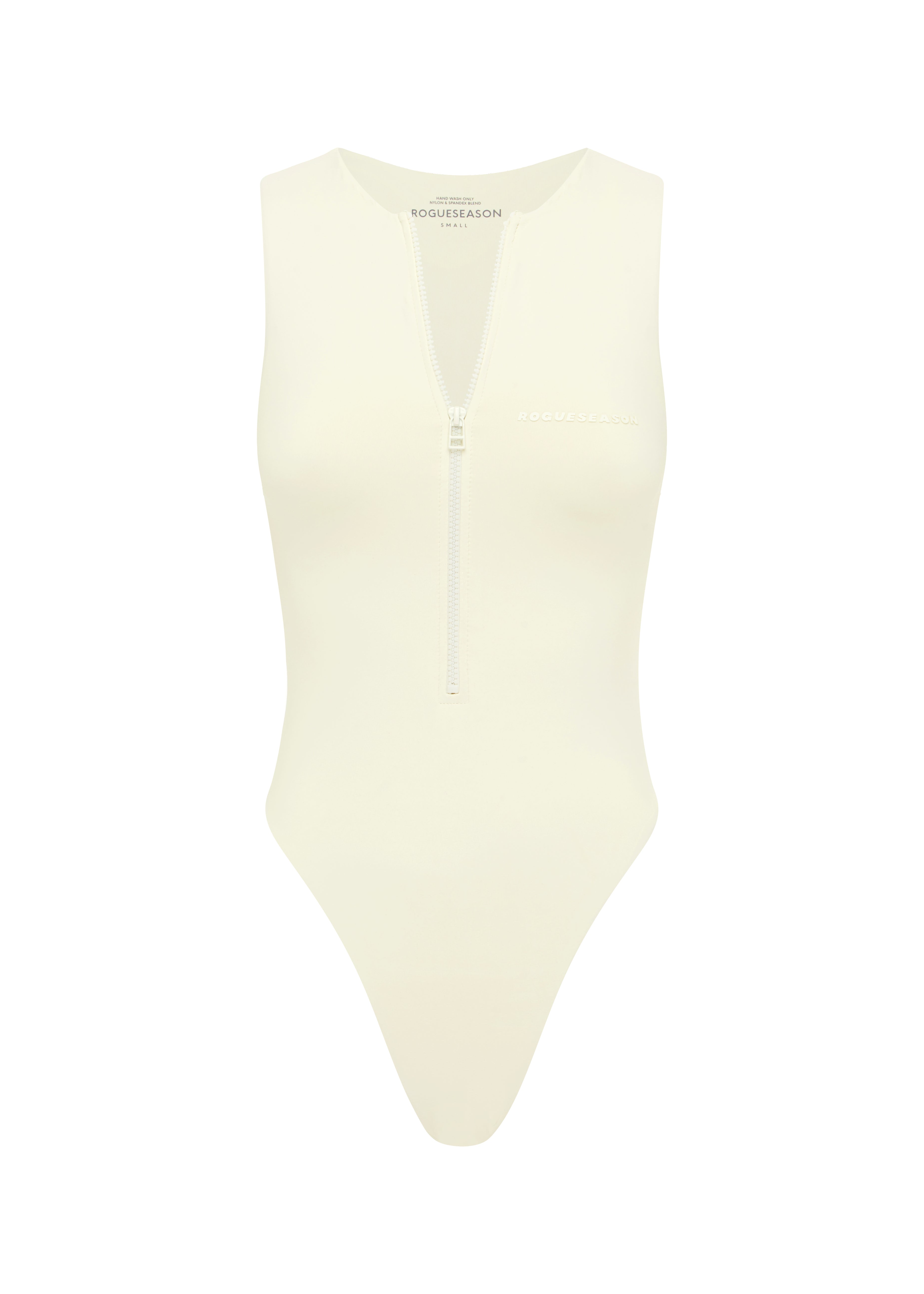 A white sleeveless one-piece swimsuit with a deep V-neckline zipper  and a mid to high waist band on a white background.