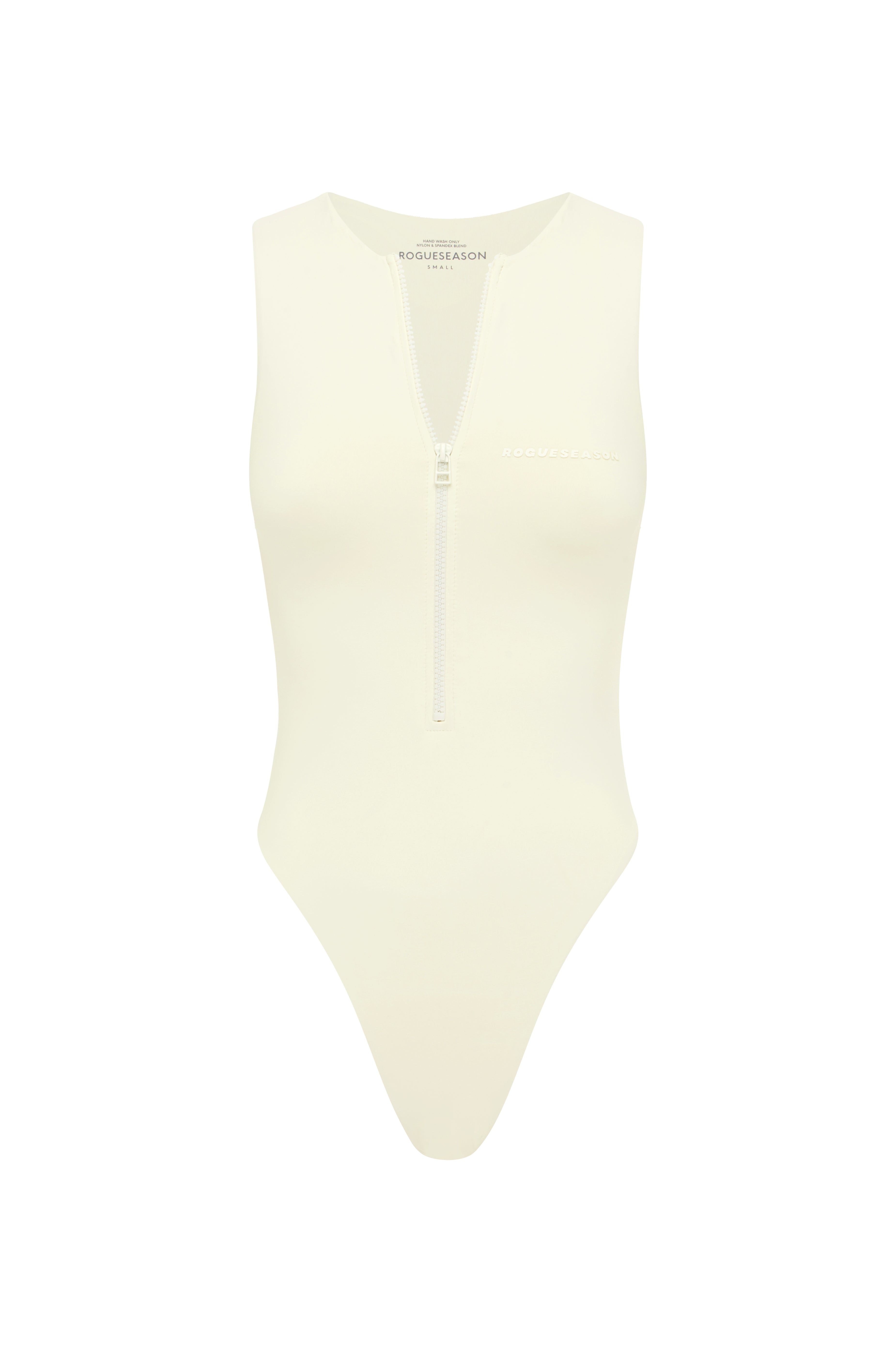 A white sleeveless one-piece swimsuit with a deep V-neckline zipper  and a mid to high waist band on a white background.