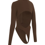Brown long sleeve zip up one piece swimsuit on a white background.