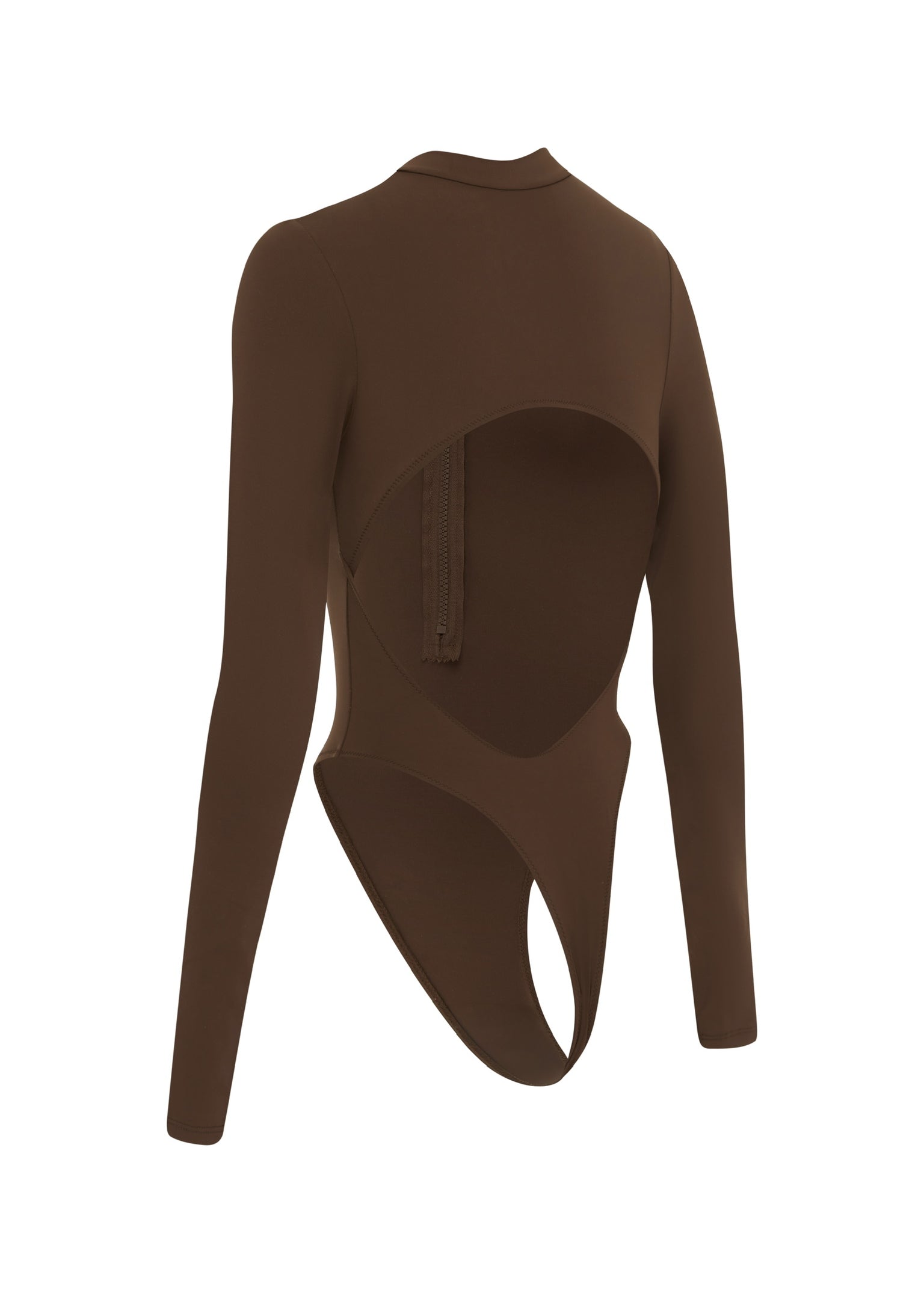 Brown long sleeve zip up one piece swimsuit on a white background.