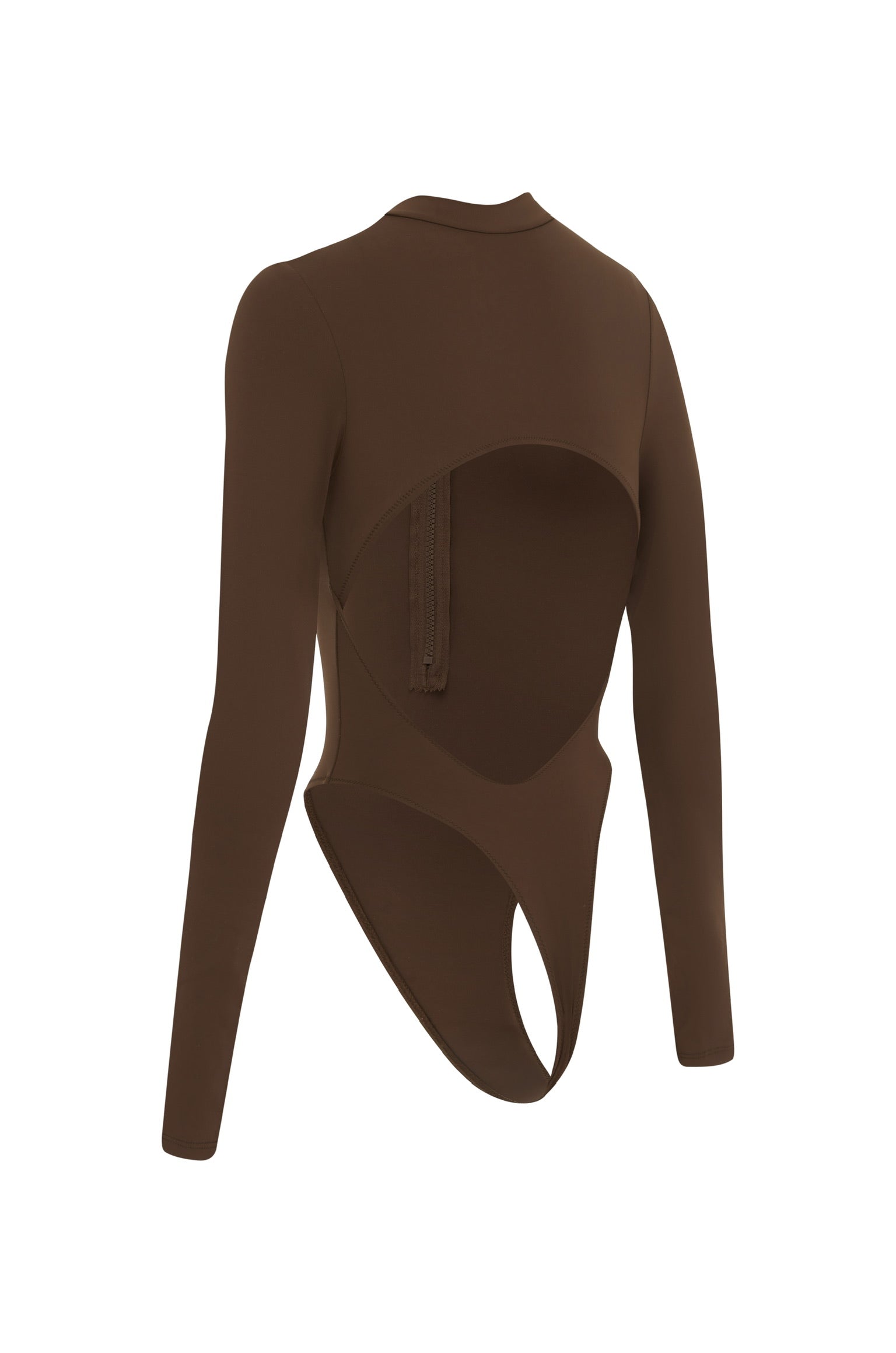 Brown long sleeve zip up one piece swimsuit on a white background.
