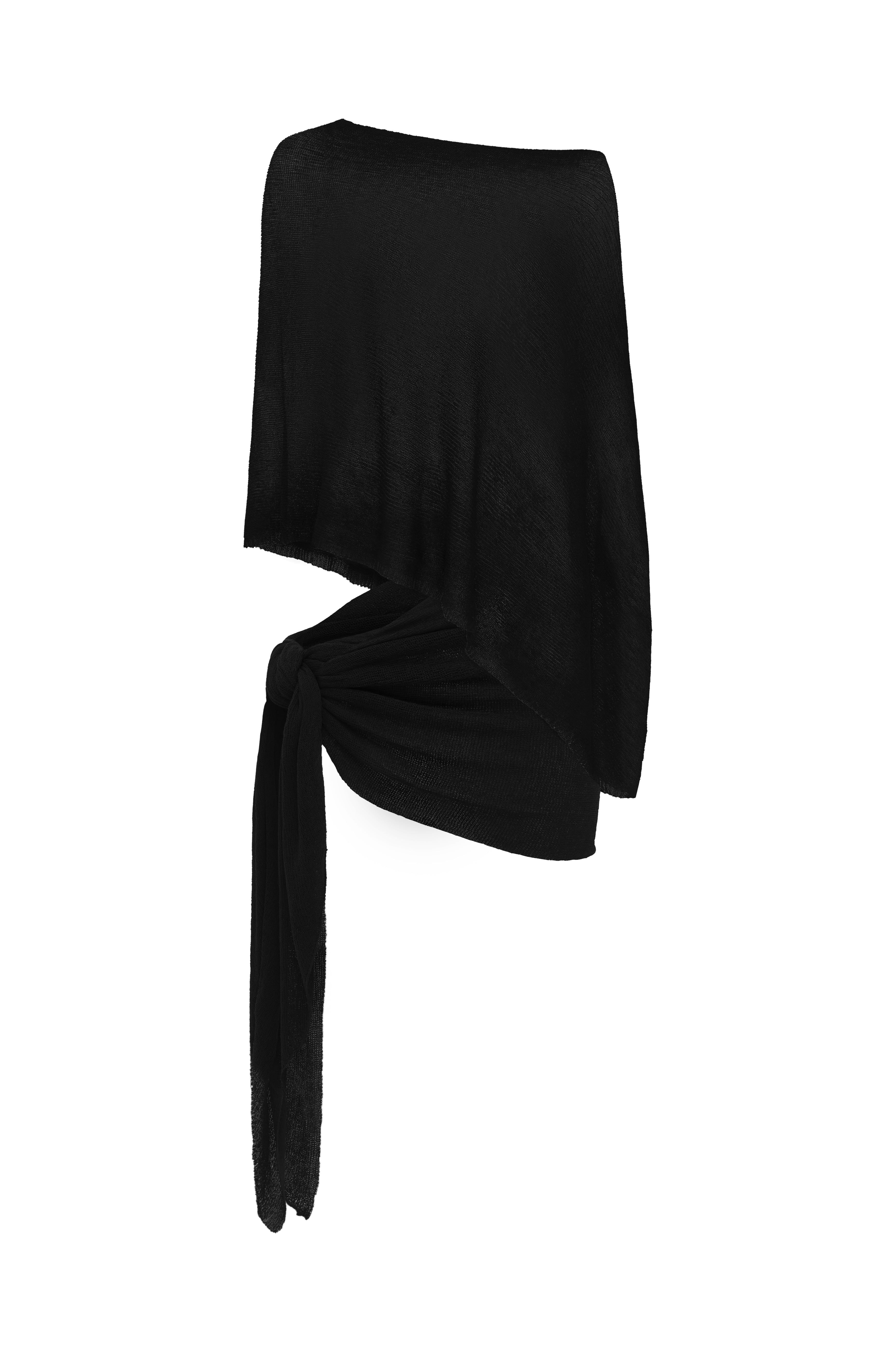 A black sarong and black matching cape on a white background.