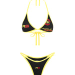 Black and yellow triangle bikini top and bottom displayed on a white background, showing close-up detailing of the top and trim with Rogue Season logo detaling.