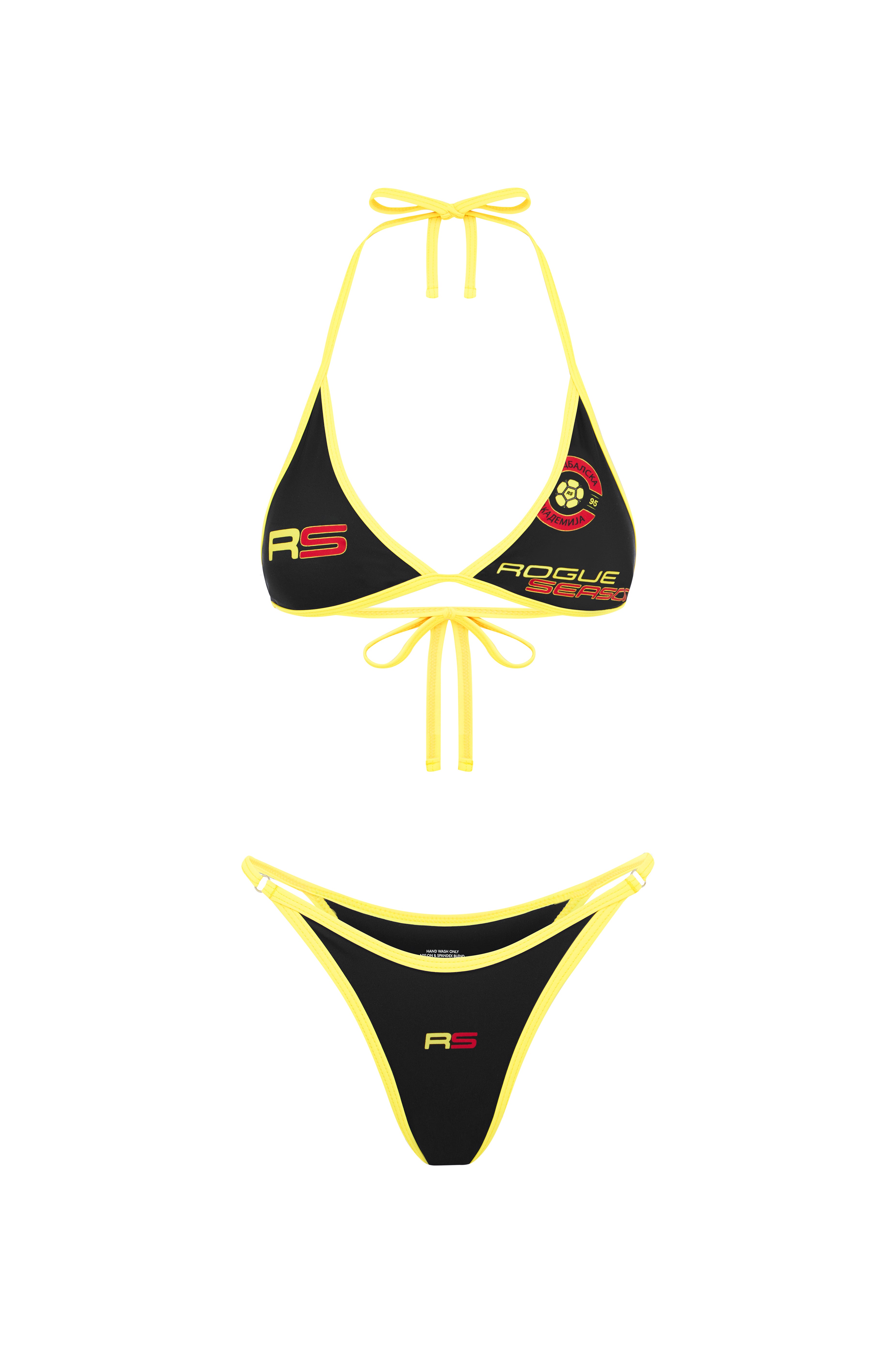 Black and yellow triangle bikini top and bottom displayed on a white background, showing close-up detailing of the top and trim with Rogue Season logo detaling.