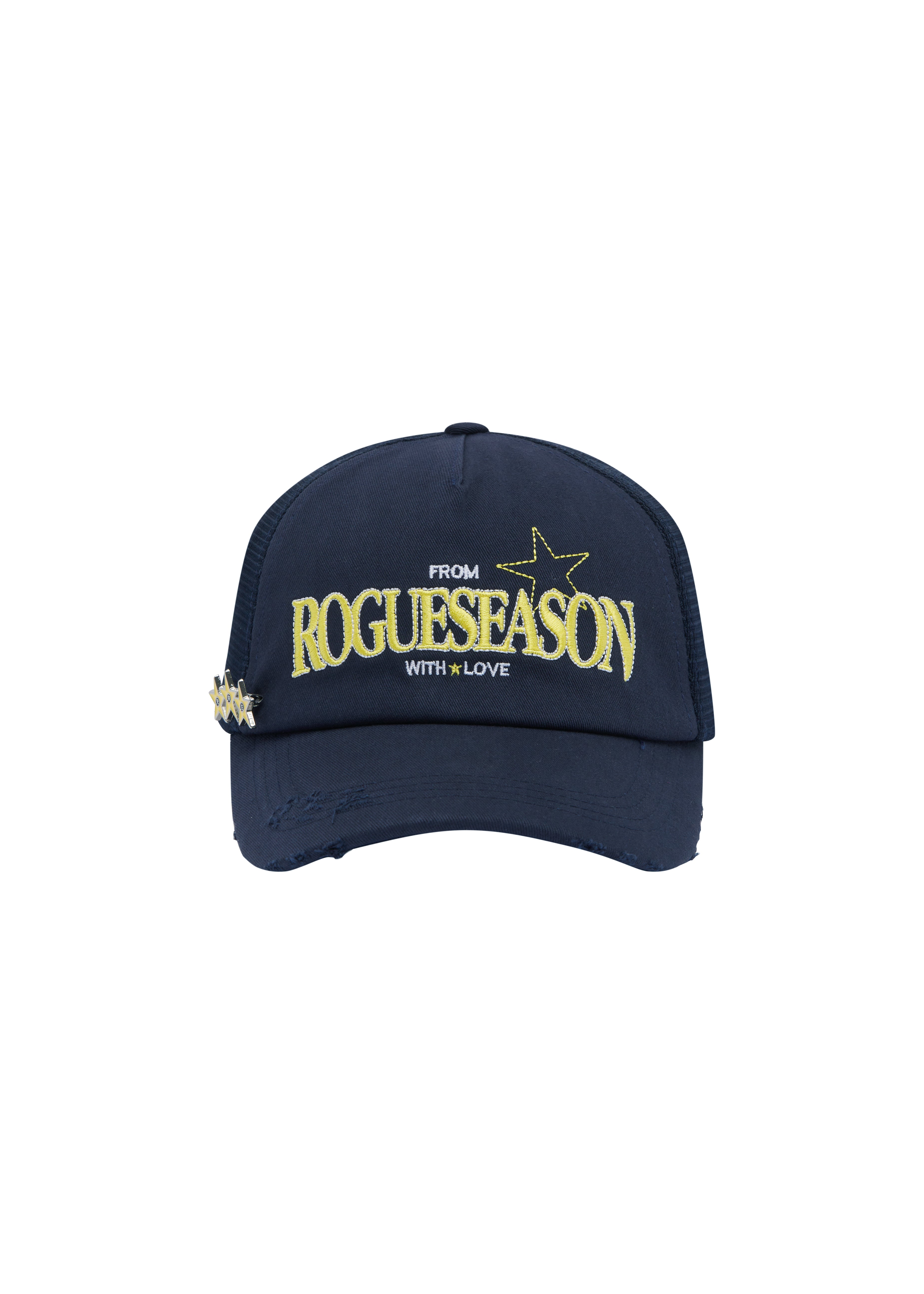 Navy blue cap with yellow text (ROGUESEASON) on a white background