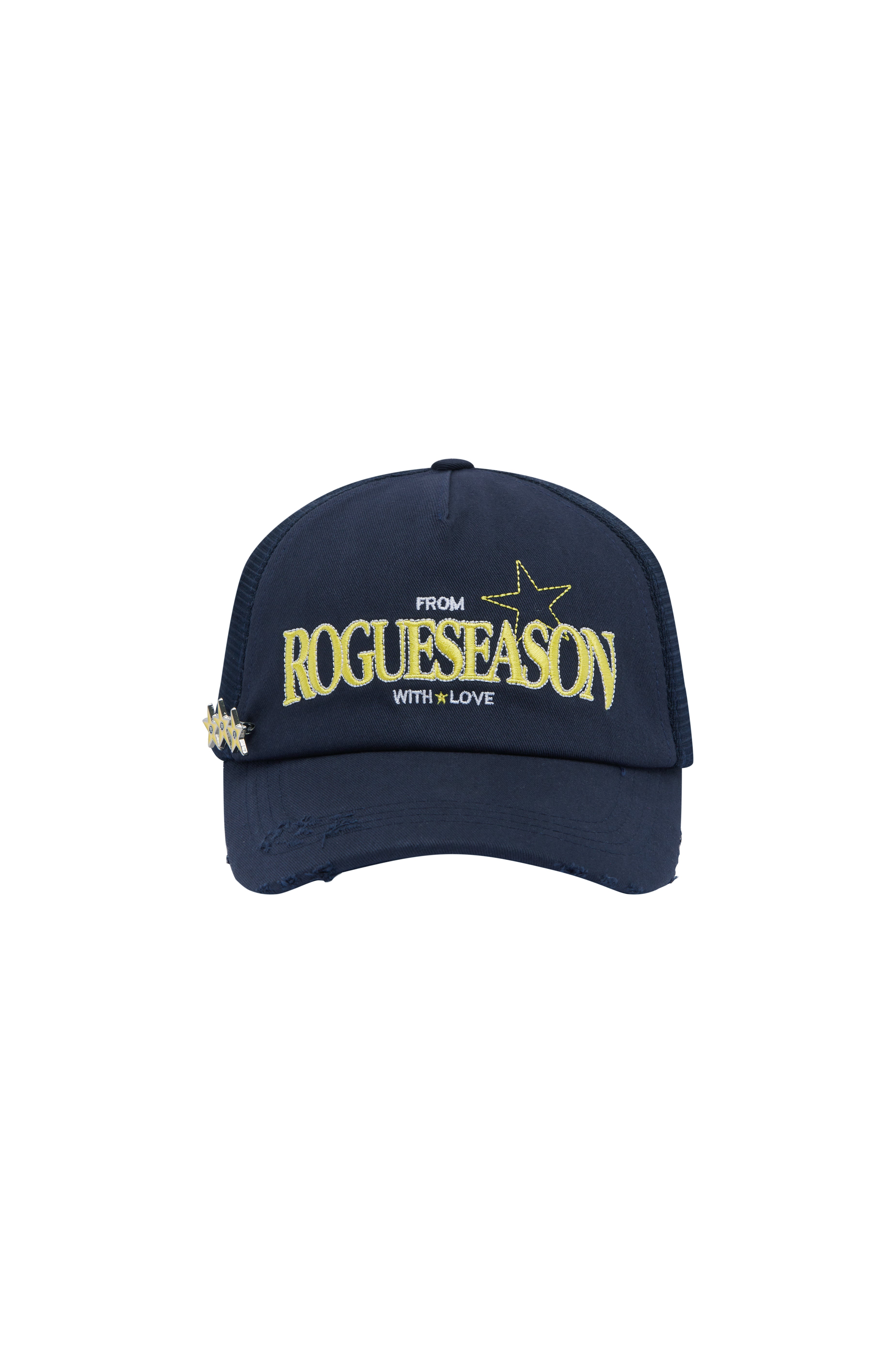 Navy blue cap with yellow text (ROGUESEASON) on a white background
