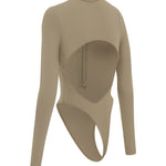 Cut out of a cinnamon coloured long sleeve zip up one piece swimsuit on a white background.