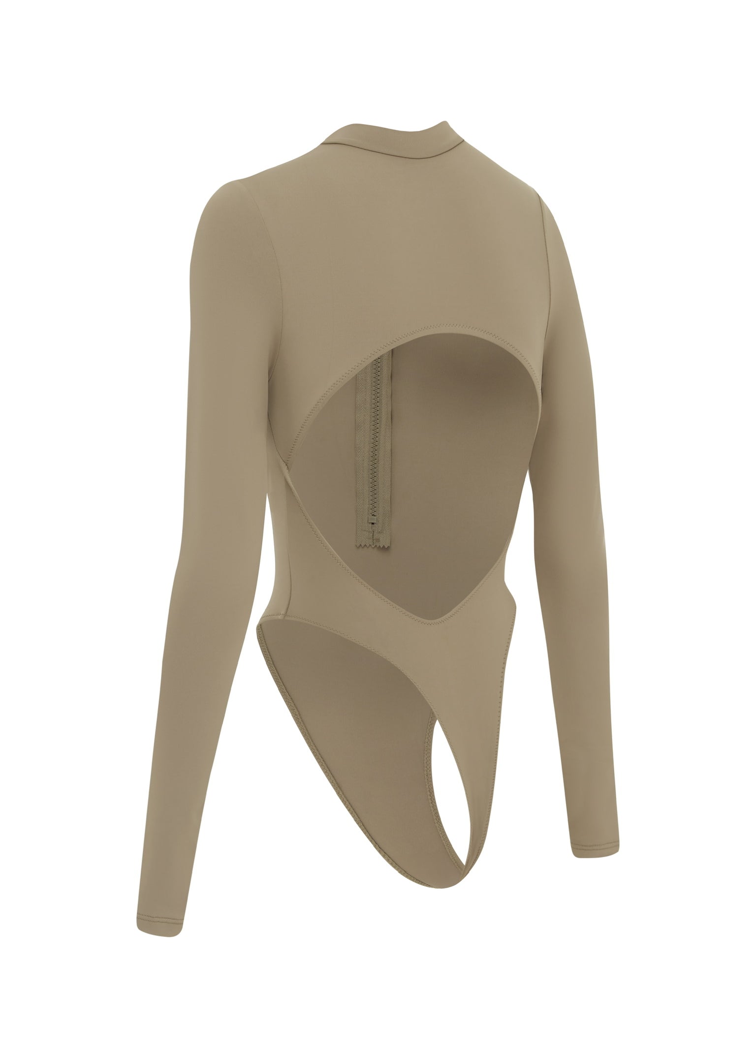 Cut out of a cinnamon coloured long sleeve zip up one piece swimsuit on a white background.