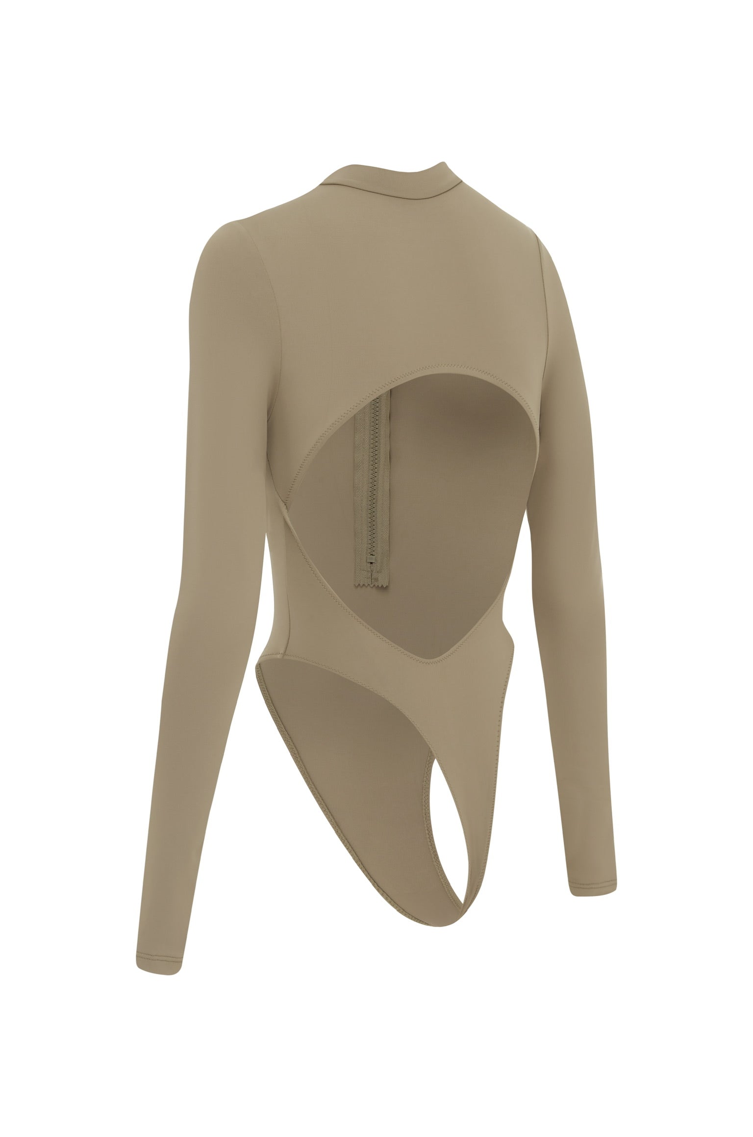 Cut out of a cinnamon coloured long sleeve zip up one piece swimsuit on a white background.