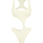 An asymmetric cut-out, backless ivory swimsuit with a high waistline on a white background.