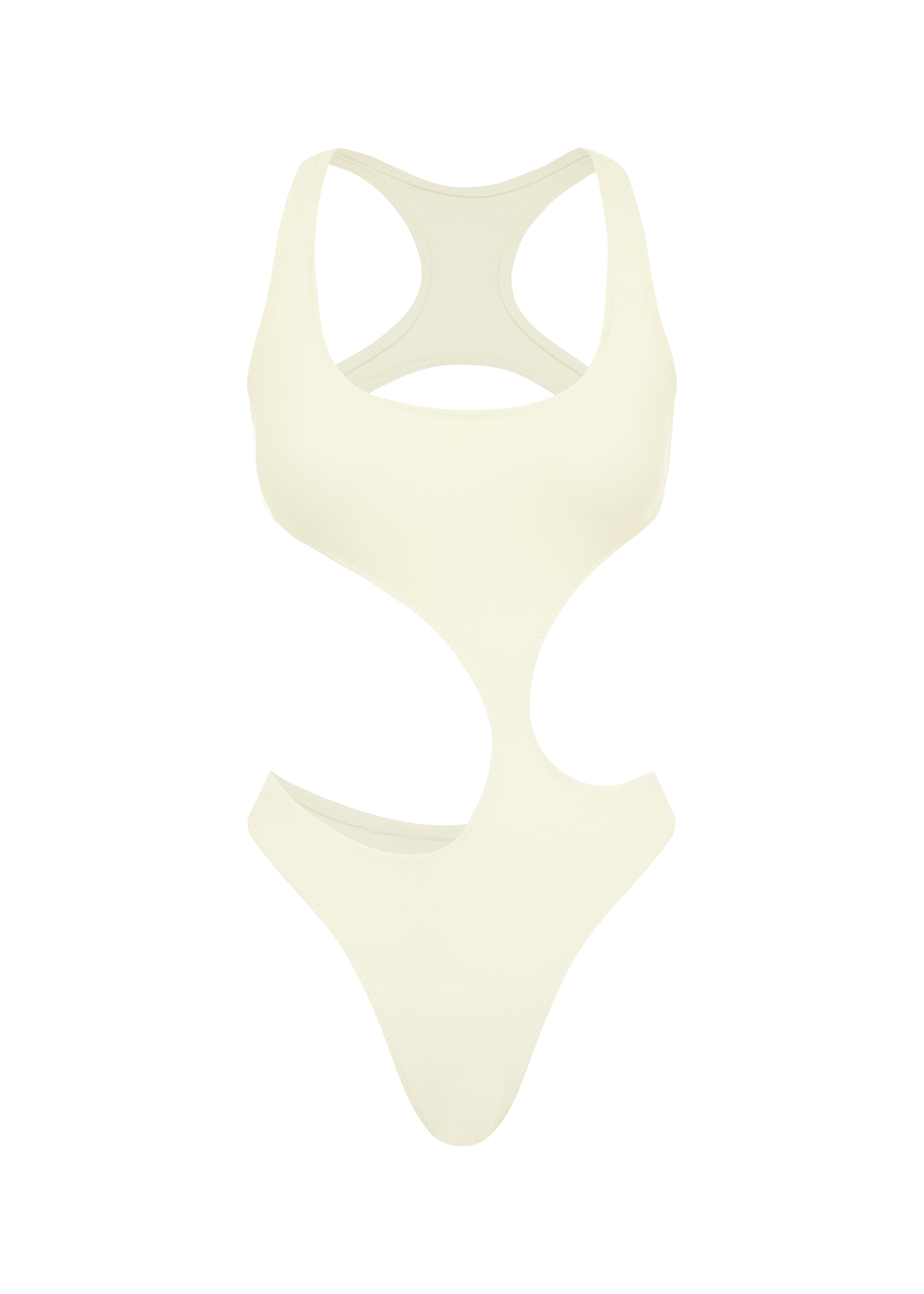 An asymmetric cut-out, backless ivory swimsuit with a high waistline on a white background.