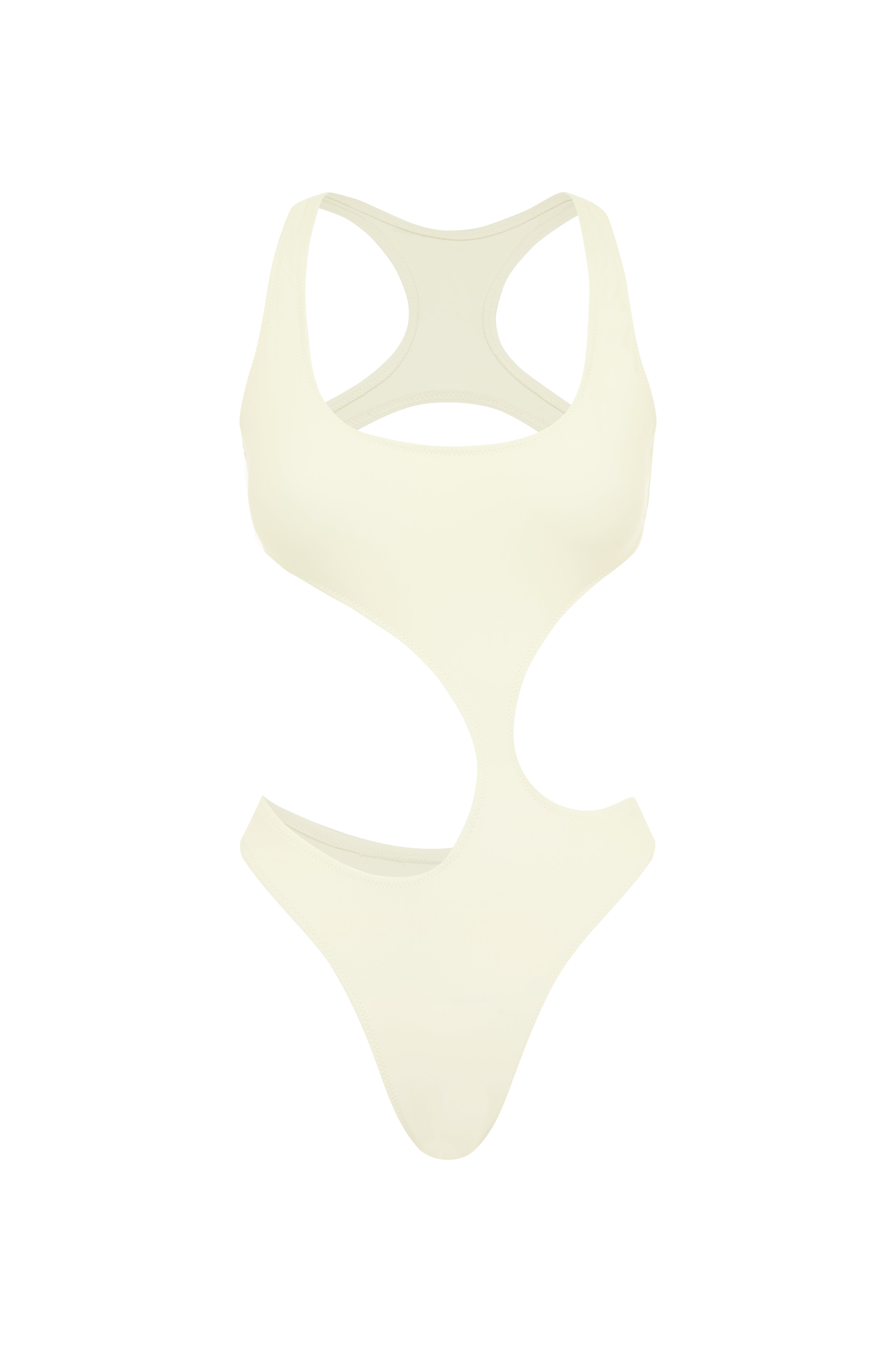 An asymmetric cut-out, backless ivory swimsuit with a high waistline on a white background.
