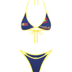 Blue triangle bikini top with yellow trim and Rogue Season logo, paired with a matching blue high-cut bikini bottom with yellow trim, on a white background.