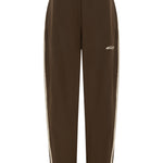 Brown with a beige logo and beige stripe on the side hems, on a white background
