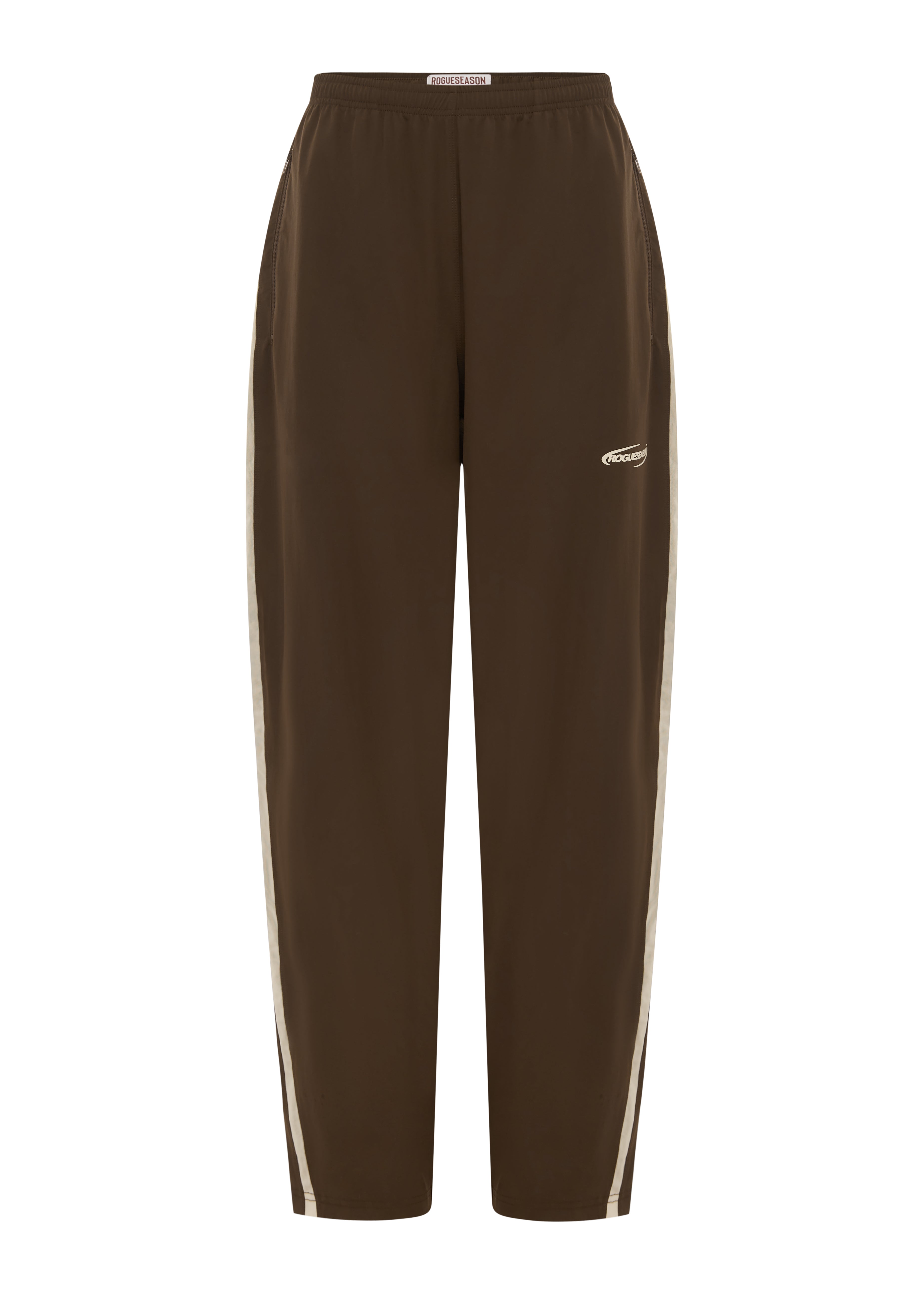 Brown with a beige logo and beige stripe on the side hems, on a white background