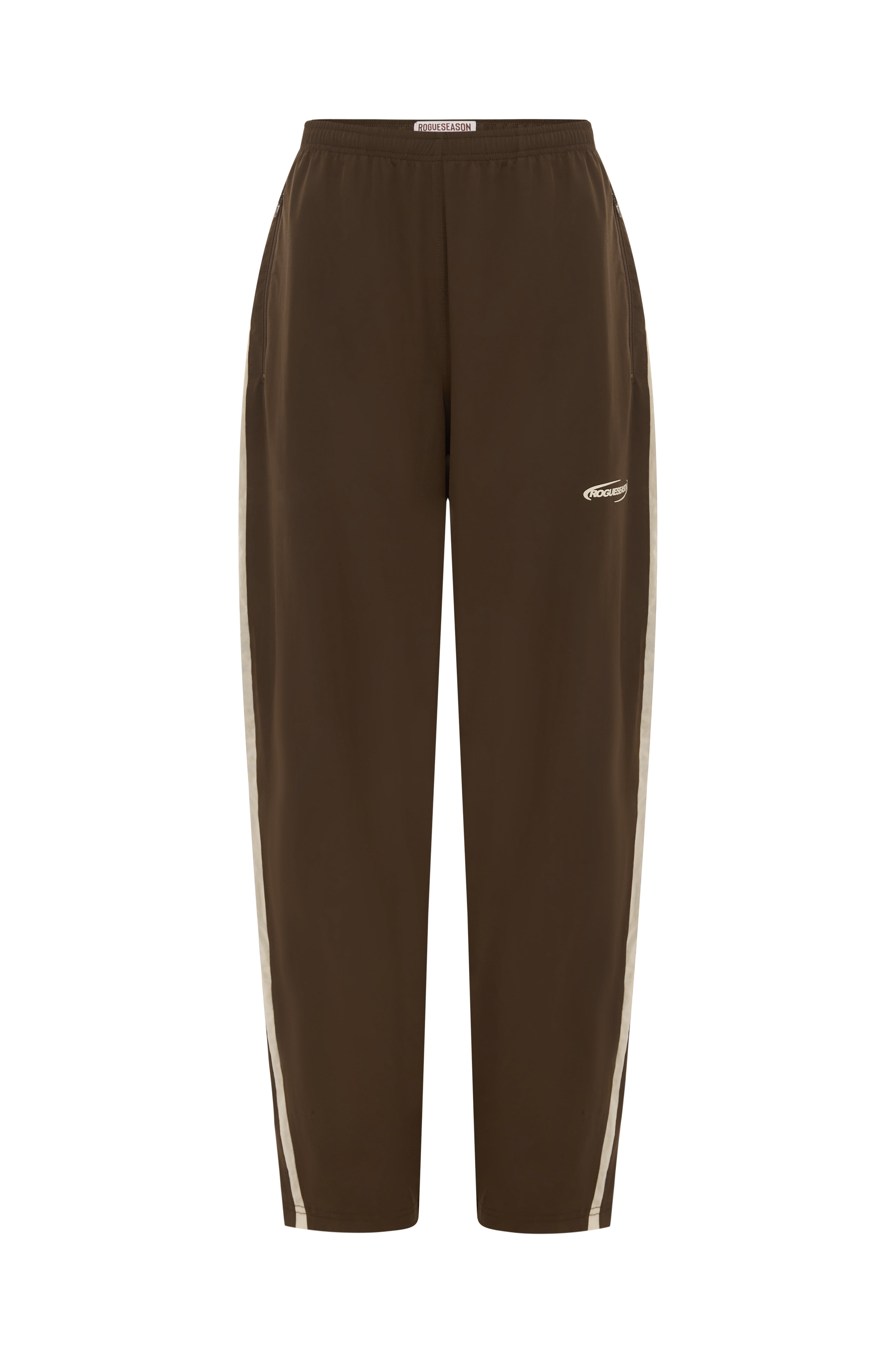 Brown with a beige logo and beige stripe on the side hems, on a white background