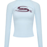 A light blue long-sleeve high-neck shirt with a burgundy  'Rogue Season' logo printed on the chest, displayed on a clean white background.